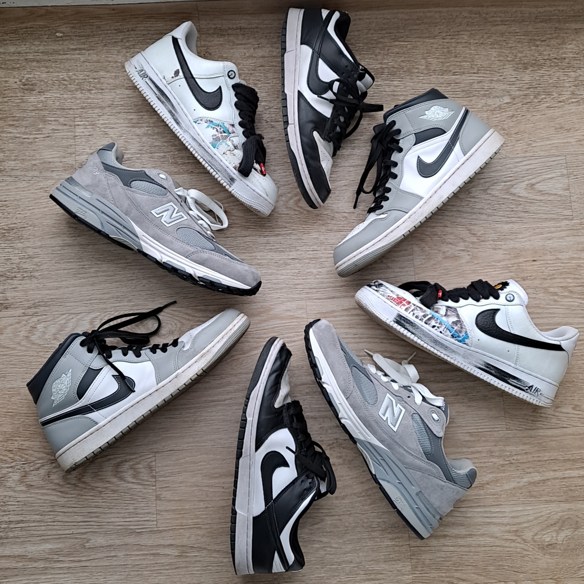 Nike Dunk Low Retro Black, Jordan 1 Mid Light Smoke Grey Anthracite 착용 스타일