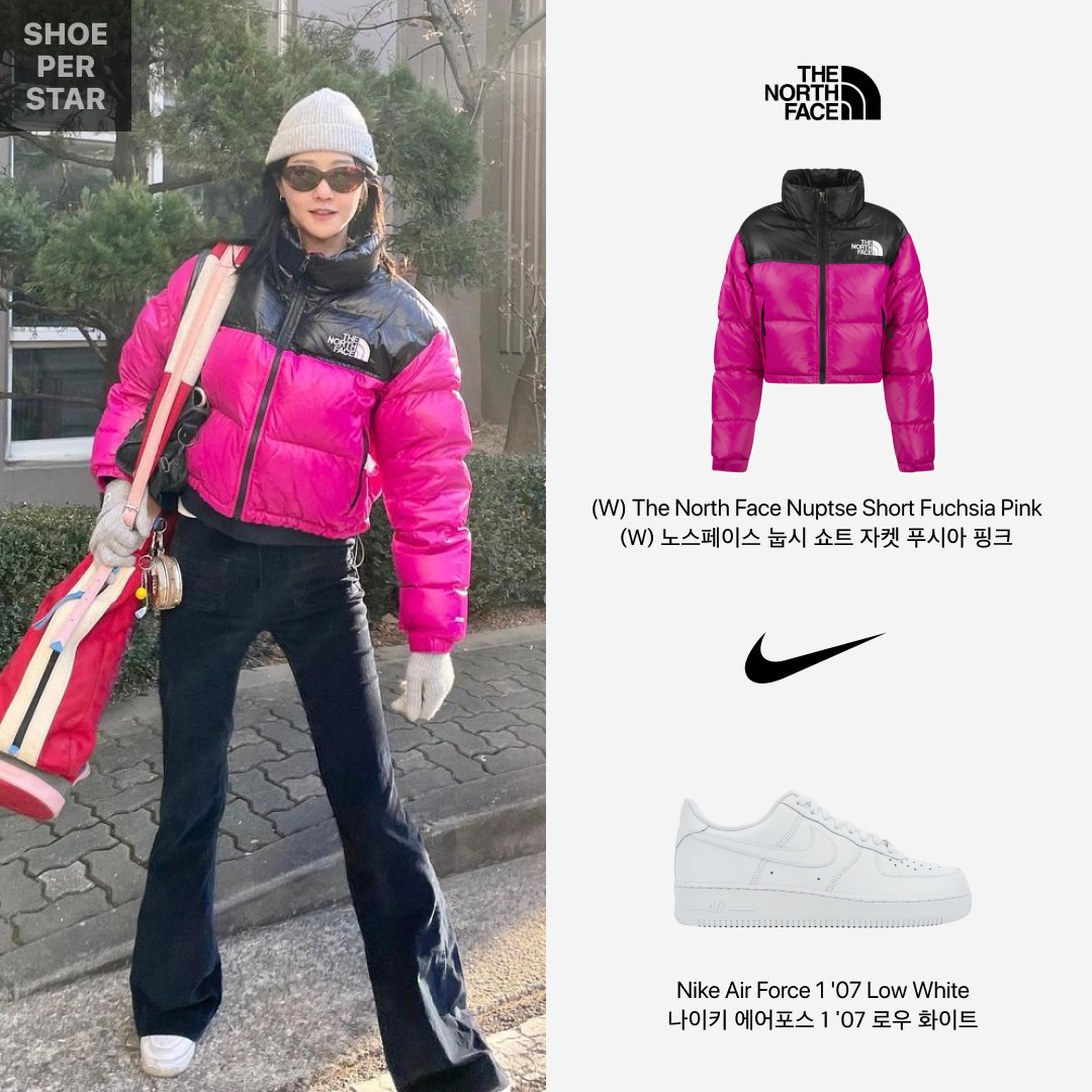 (W) The North Face Nuptse Short Jacket Fuchsia Pink, Nike Air Force 1 '07 Low White 착용 스타일 - 1