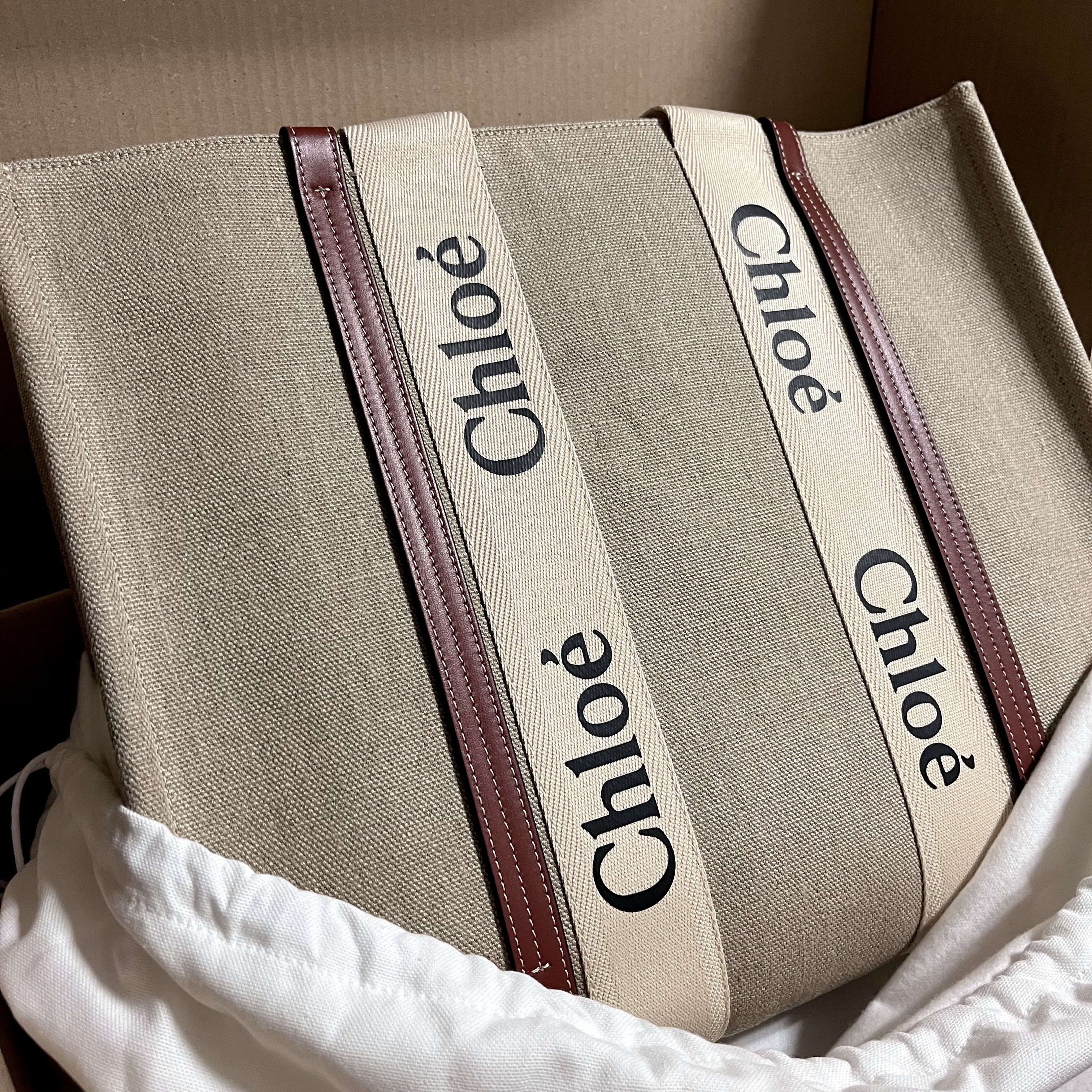 Chloe Woody Large Tote Bag White Brown 착용 스타일 - 1