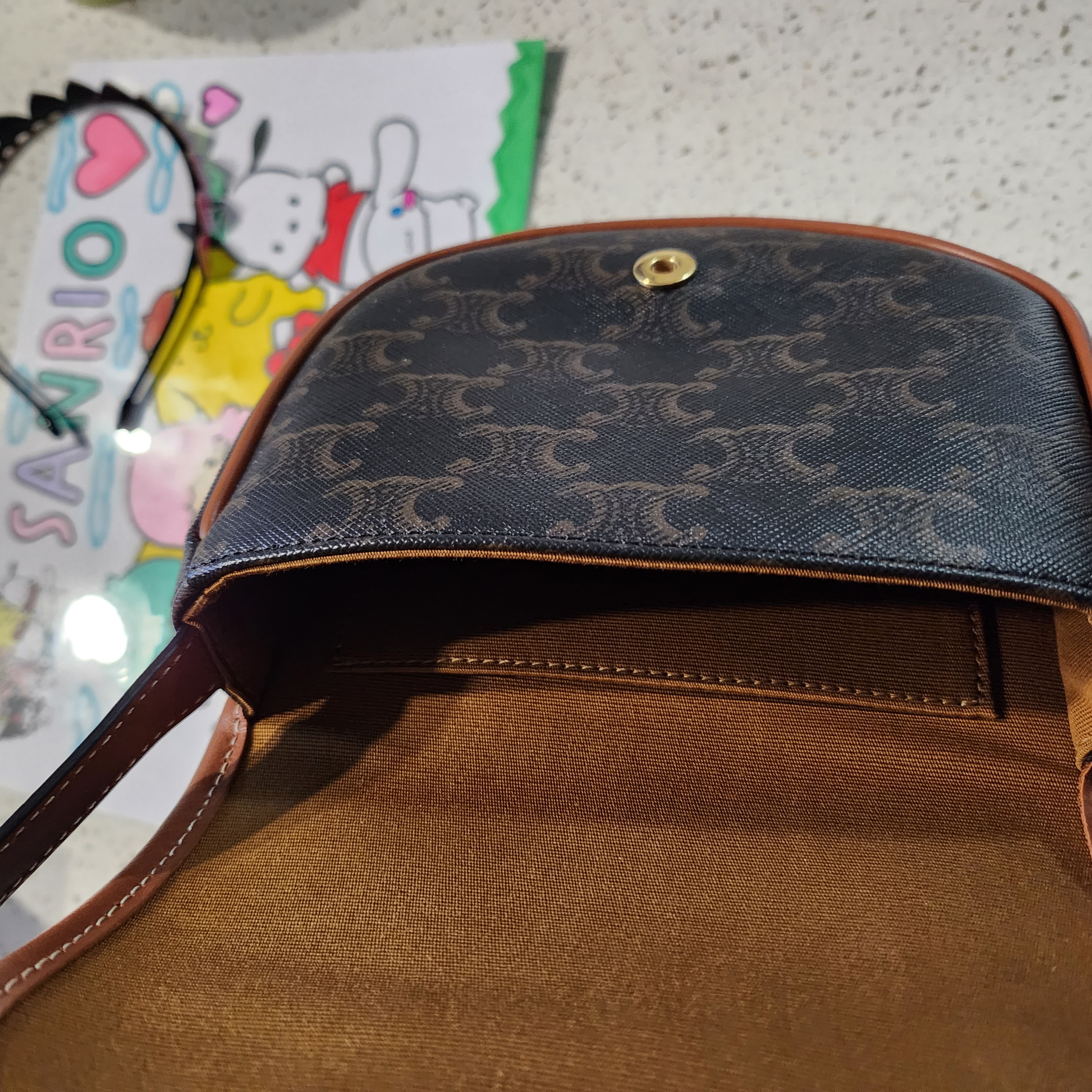 Celine Mini Besace in Triomphe Canvas and Calfskin Tan 착용 스타일 - 1
