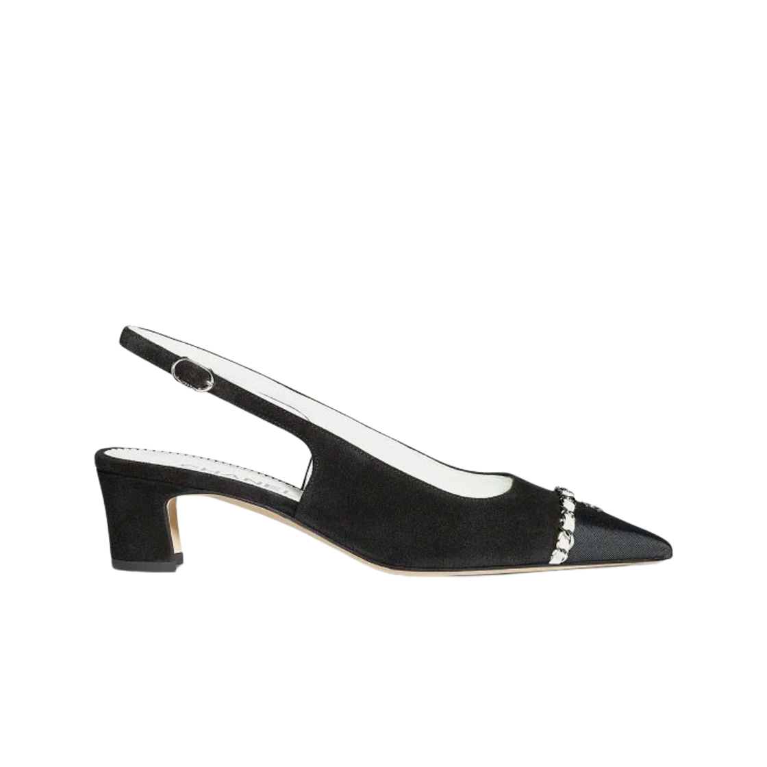(W) 샤넬 슬링백 스웨이드 카프스킨 그로그랭 메탈 & 블랙 라이트 그레이((W) Chanel Slingbacks Suede Calfskin Grosgrain Metal & Black Light Grey) - 1