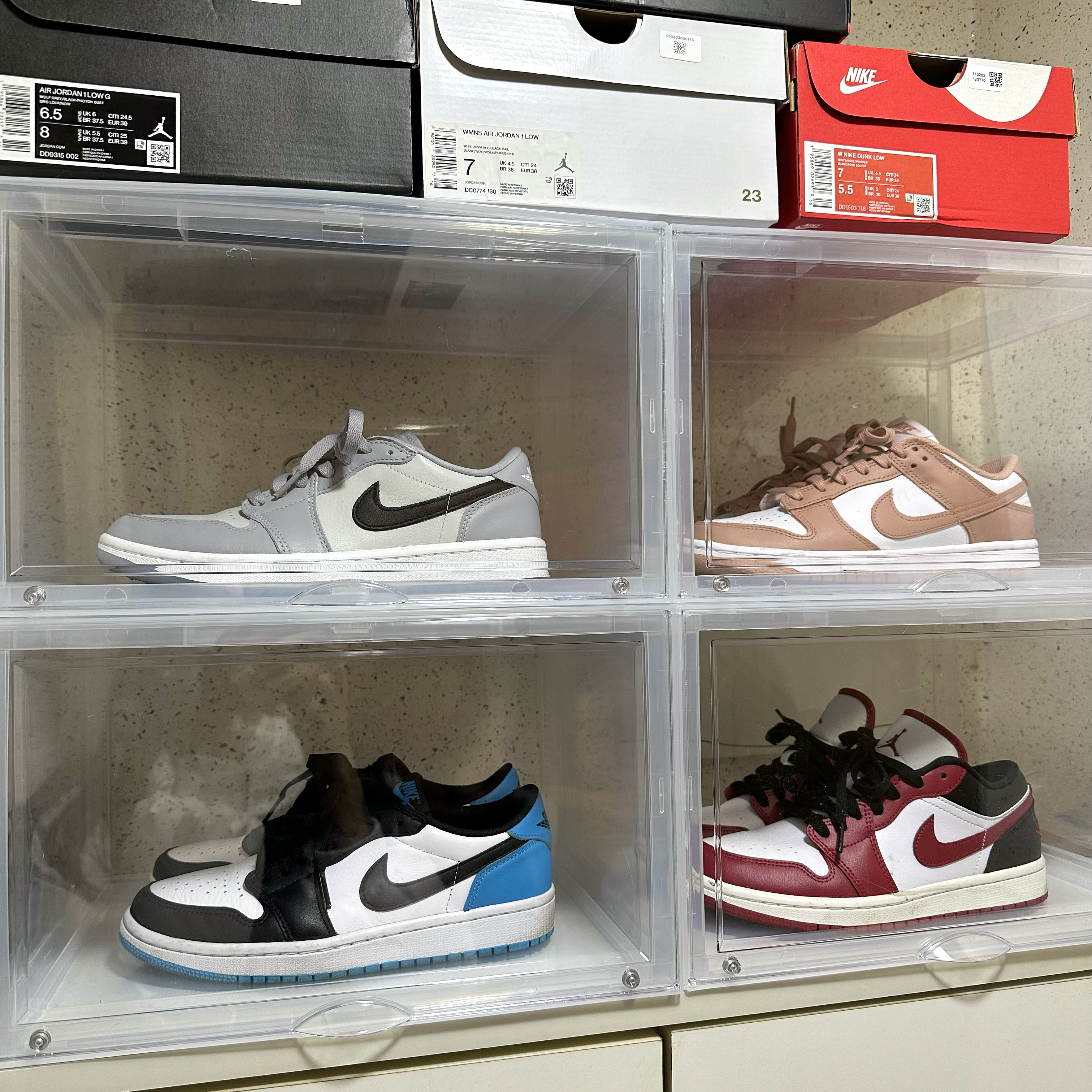 (W) Jordan 1 Low White Gym Red, Jordan 1 Low Golf Wolf Grey 착용 스타일