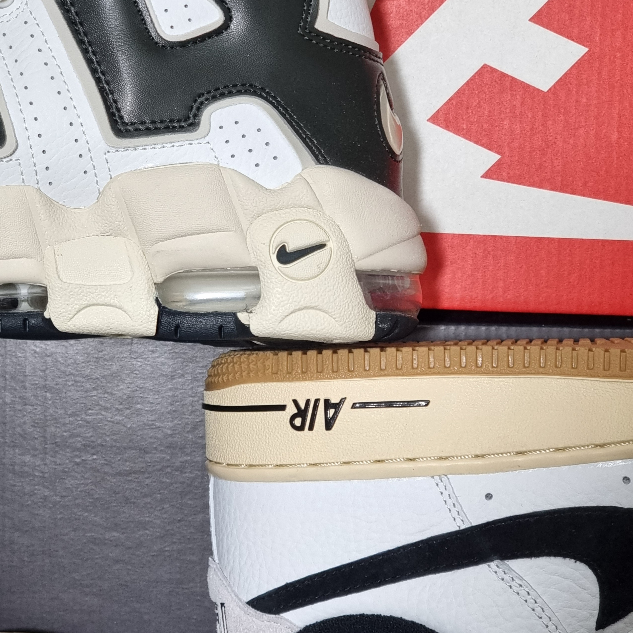 (W) Nike Air Force 1 '07 LX Black and Summit White, (W) Nike Air More Uptempo Summit White Light Orewood Brown 착용 스타일 - 4