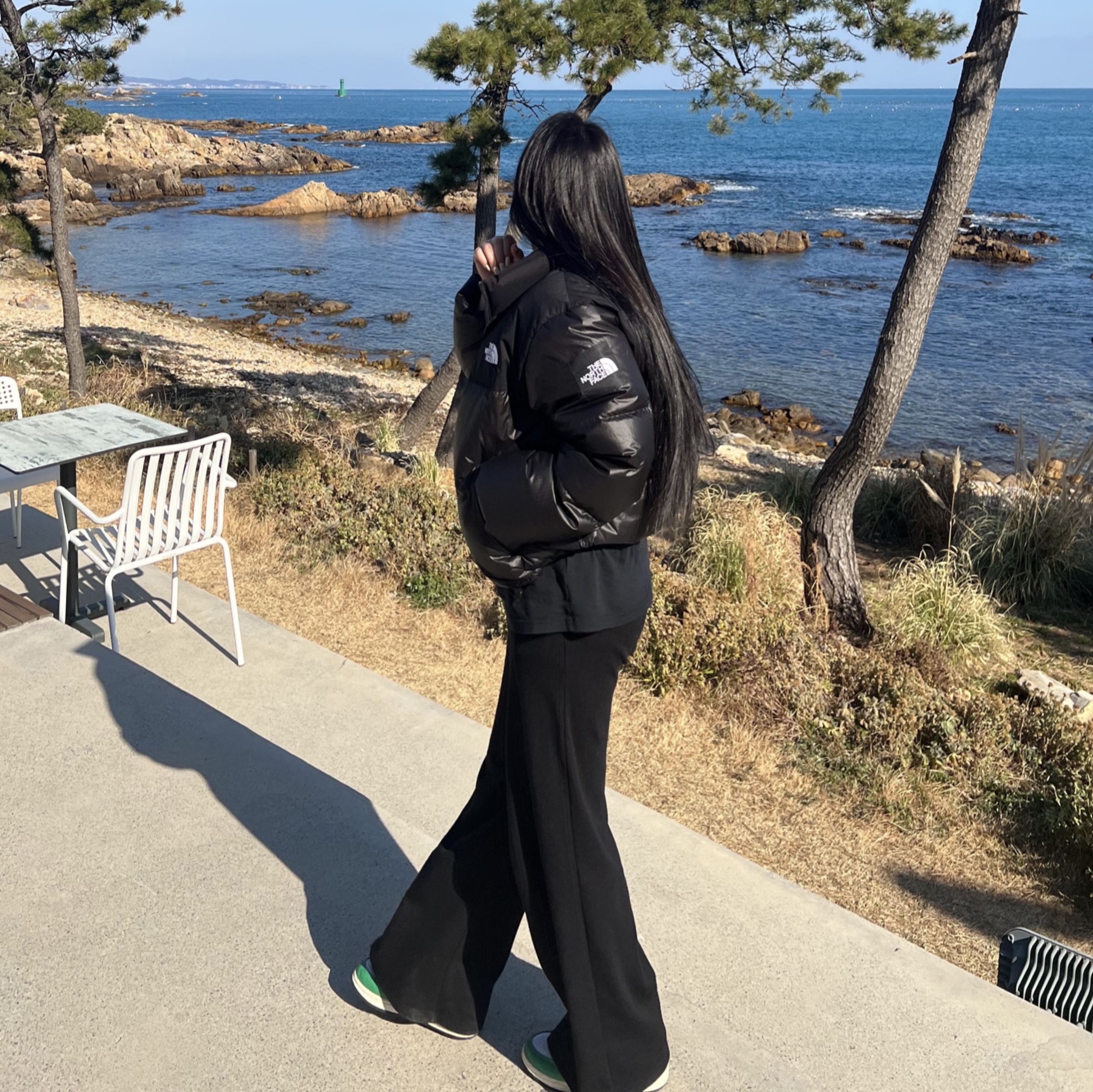 (W) The North Face White Label Novelty Nuptse Down Jacket Black, (W) Jordan 1 Retro High OG Lucky Green 착용 스타일