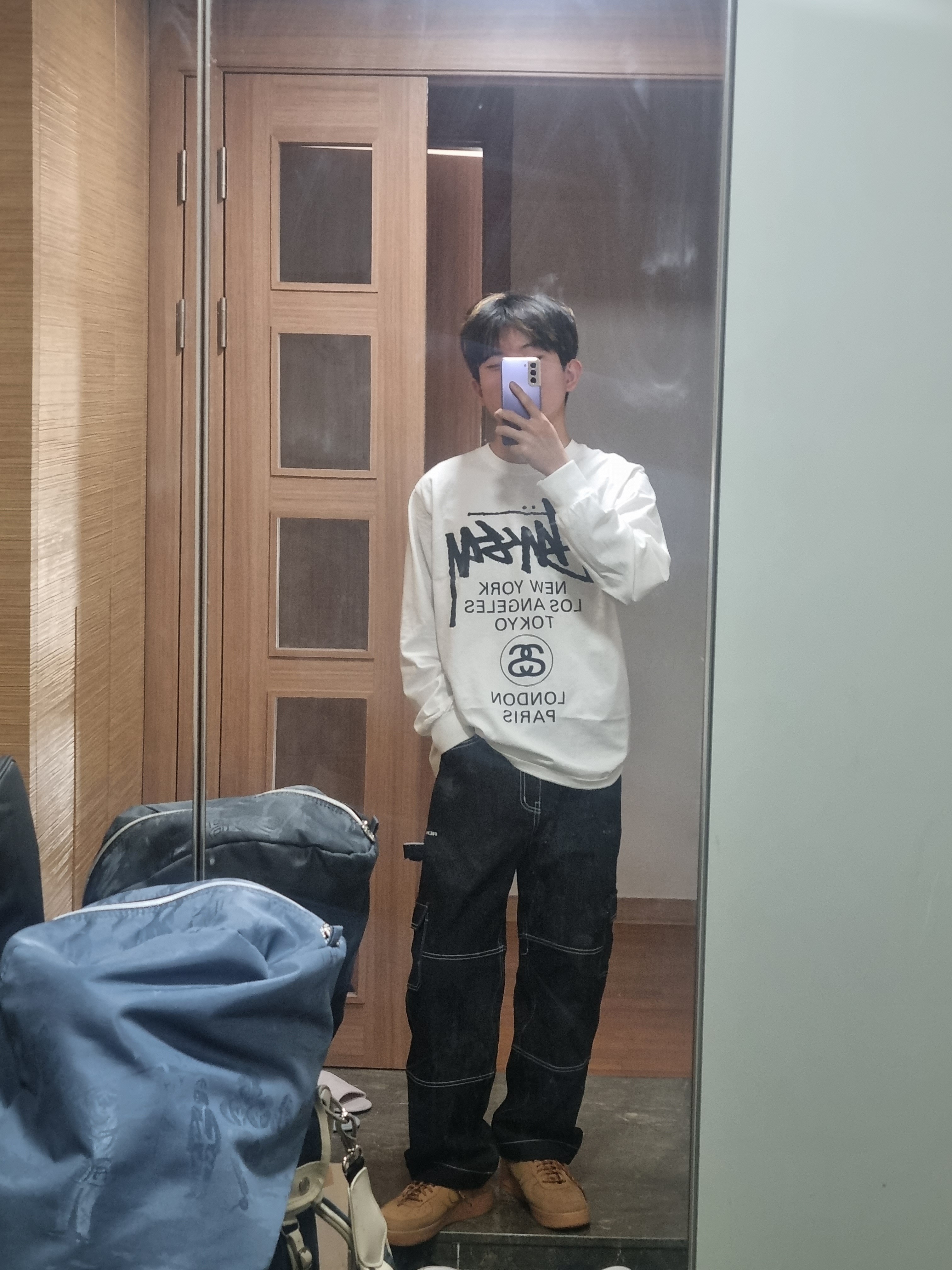 Stussy World Tour LS T-Shirt White, Nike Air Force 1 '07 WB Flax 착용 스타일 - 2