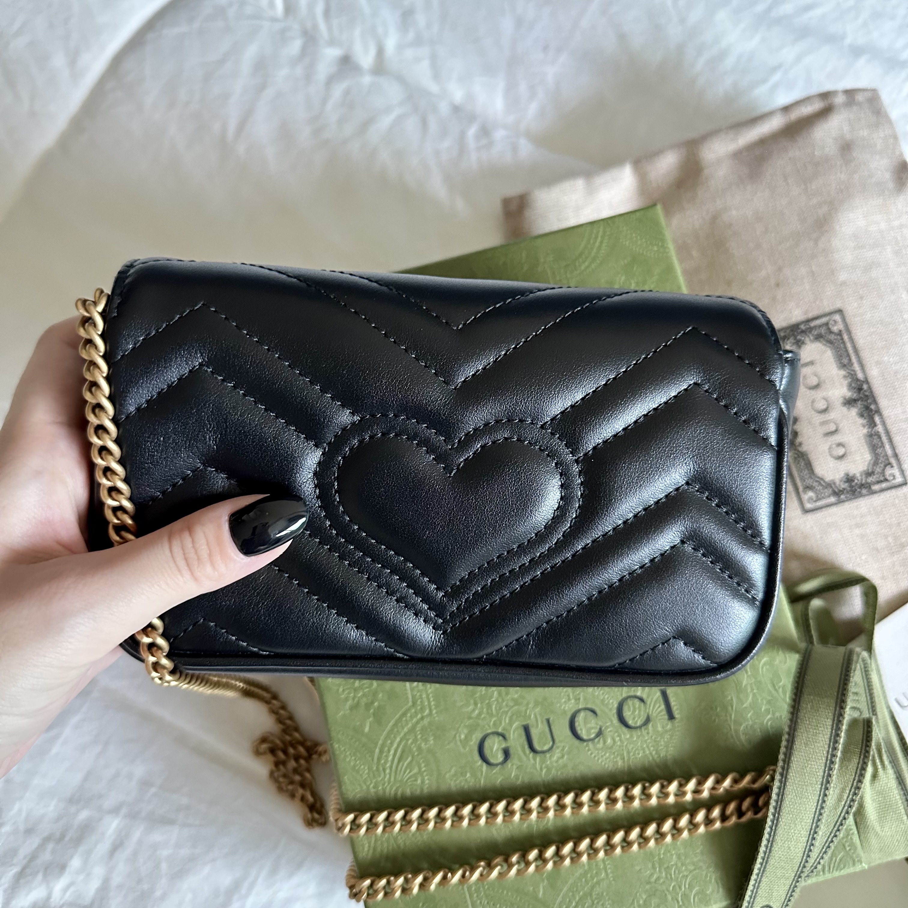Gucci GG Marmont Matelasse Leather Super Mini Bag Black, (W) Prada Chocolate Brushed Leather Loafers Black 착용 스타일 - 3