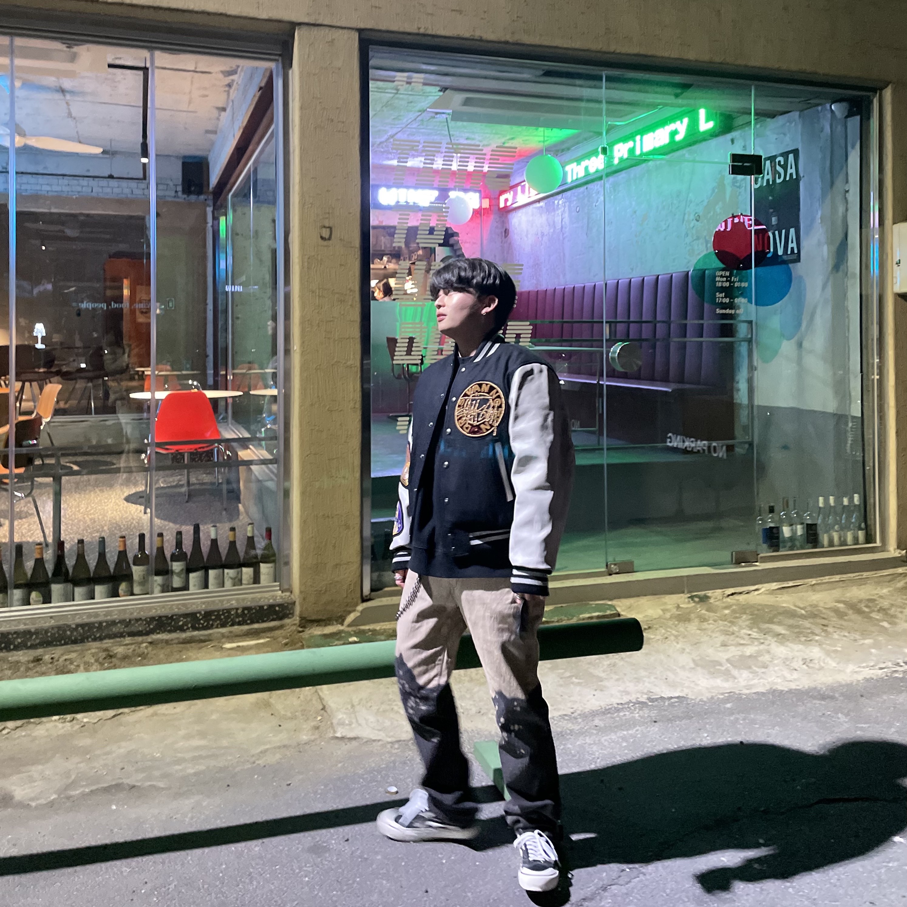 Stussy x Dries Van Noten Varsity Jacket Black, Vans Style 36 Flames Black 착용 스타일 - 1
