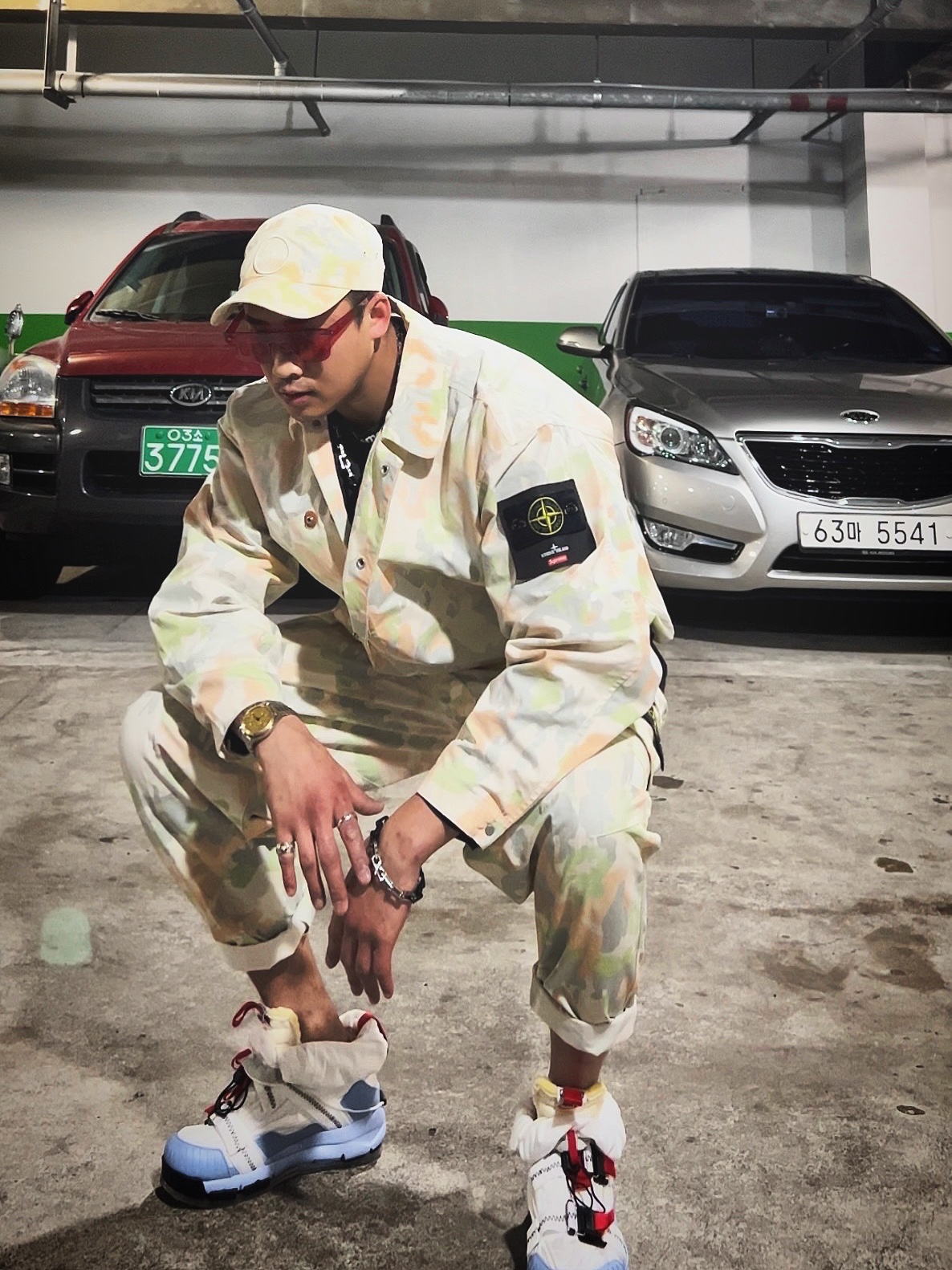 Supreme x Stone Island Reactive Ice Camo Ripstop Camp Cap Tan - 22SS, Supreme x Stone Island Reactive Ice Camo Ripstop Jacket Tan - 22SS 착용 스타일 - 1