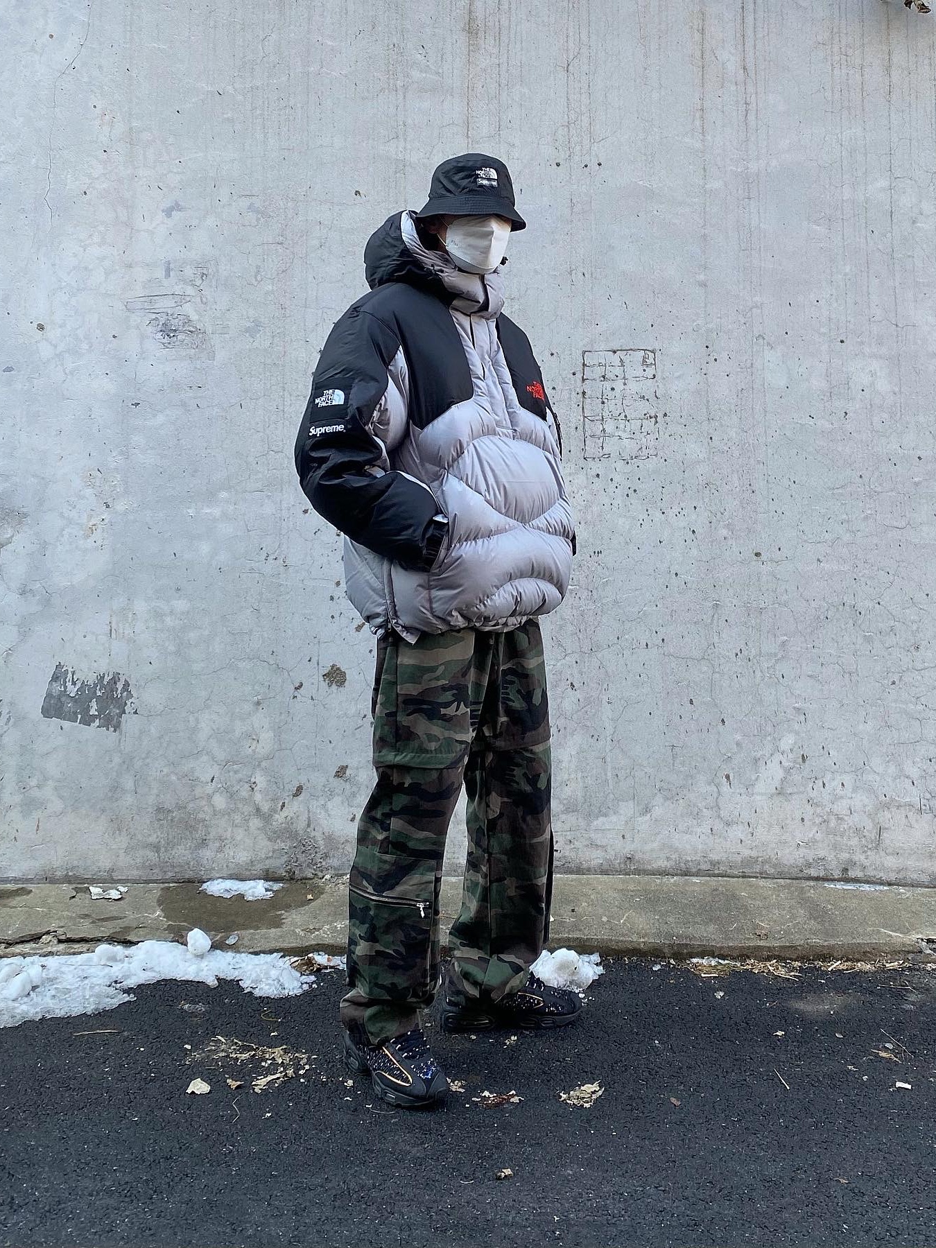 Supreme x The North Face 800-Fill Half Zip Hooded Pullover Grey - 22FW, Supreme x The North Face Snakeskin Packable Reversible Crusher Black - 18SS 착용 스타일 - 1