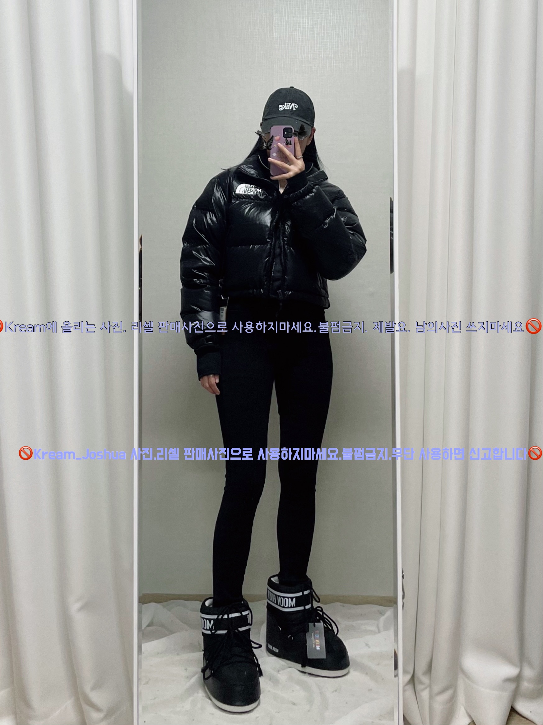 (W) Moon Boot Icon Low Nylon Boots Black, (W) The North Face Nuptse Short Jacket TNF Black 착용 스타일 - 2