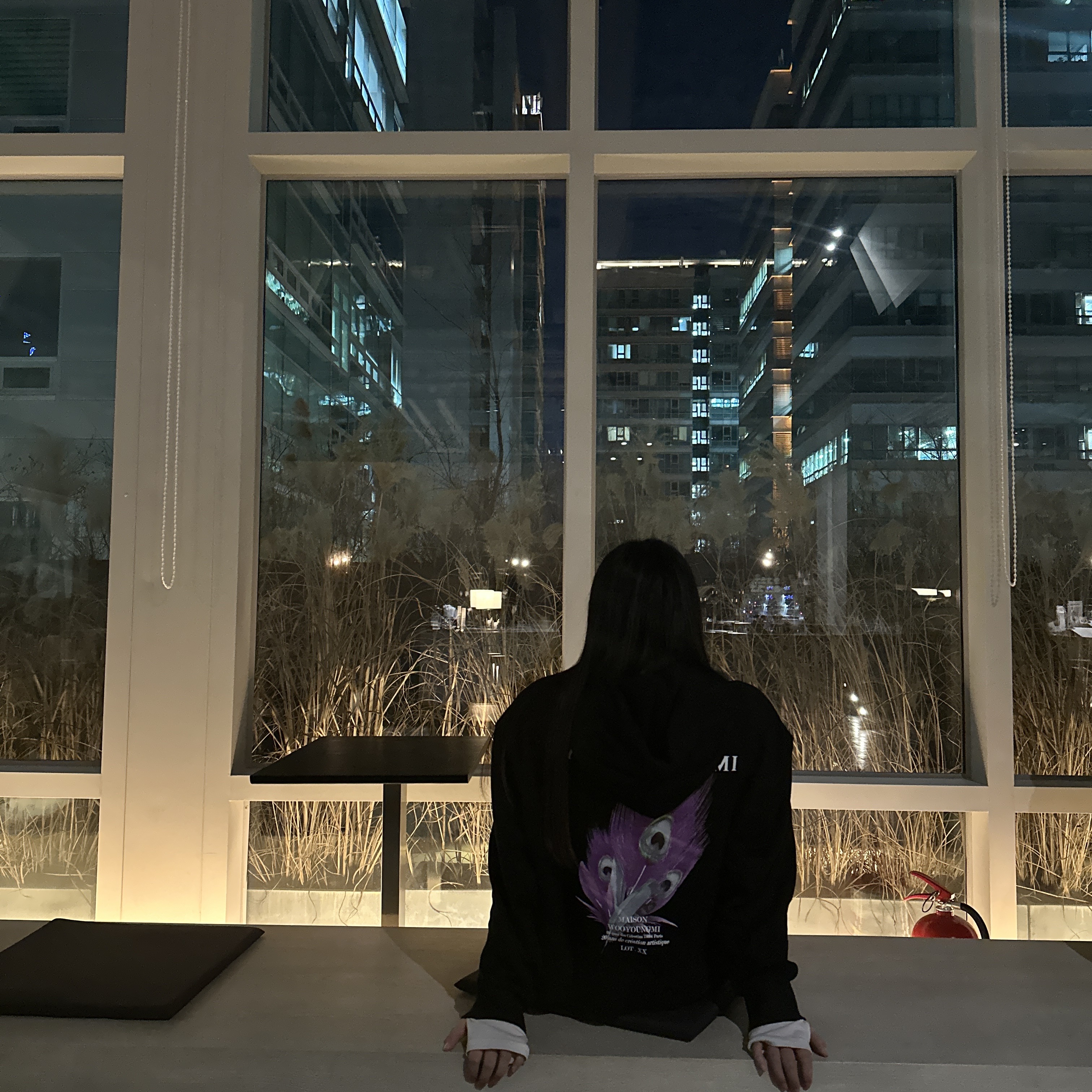 Wooyoungmi Feather Back Logo Hooded Sweatshirt Black - 23SS 착용 스타일