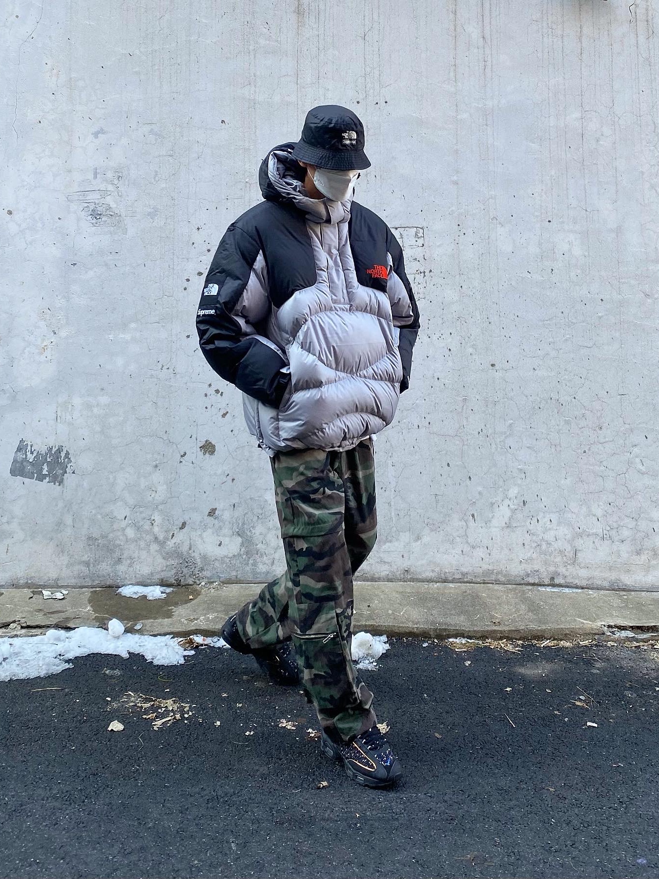 Supreme x The North Face 800-Fill Half Zip Hooded Pullover Grey - 22FW, Supreme x The North Face Snakeskin Packable Reversible Crusher Black - 18SS 착용 스타일 - 2