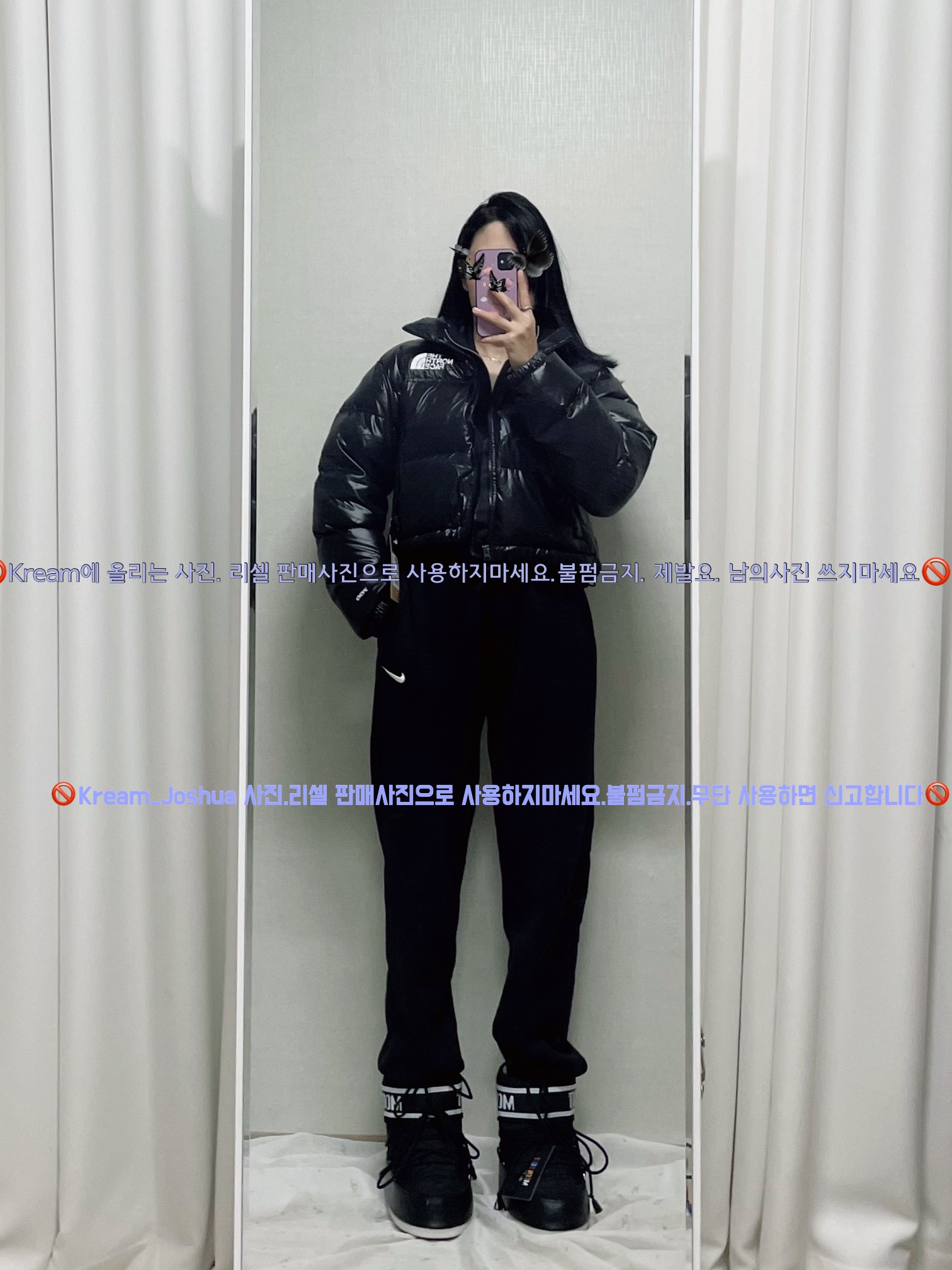 (W) Moon Boot Icon Low Nylon Boots Black, (W) The North Face Nuptse Short Jacket TNF Black 착용 스타일 - 4