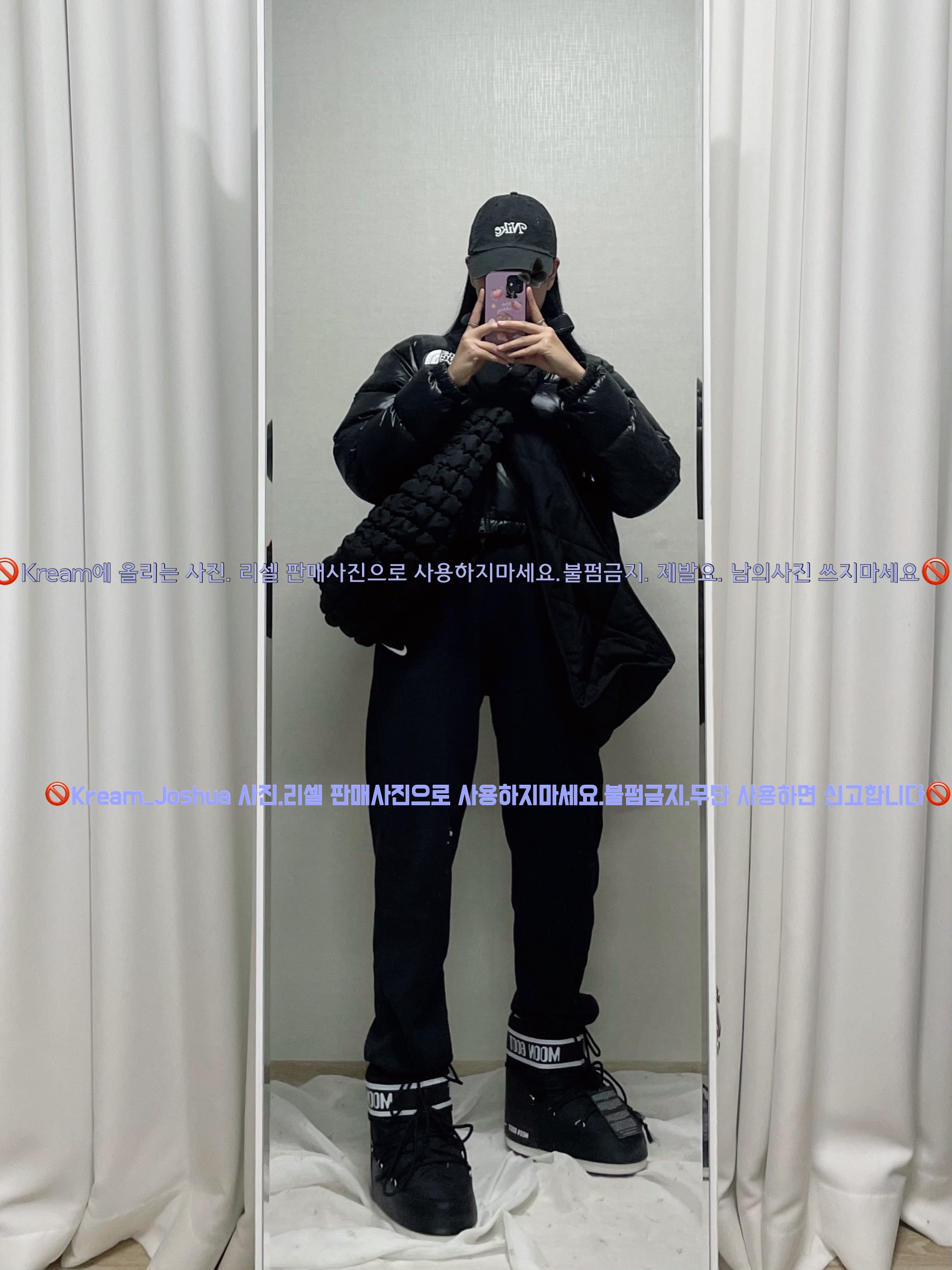 (W) Moon Boot Icon Low Nylon Boots Black, (W) The North Face Nuptse Short Jacket TNF Black 착용 스타일 - 3
