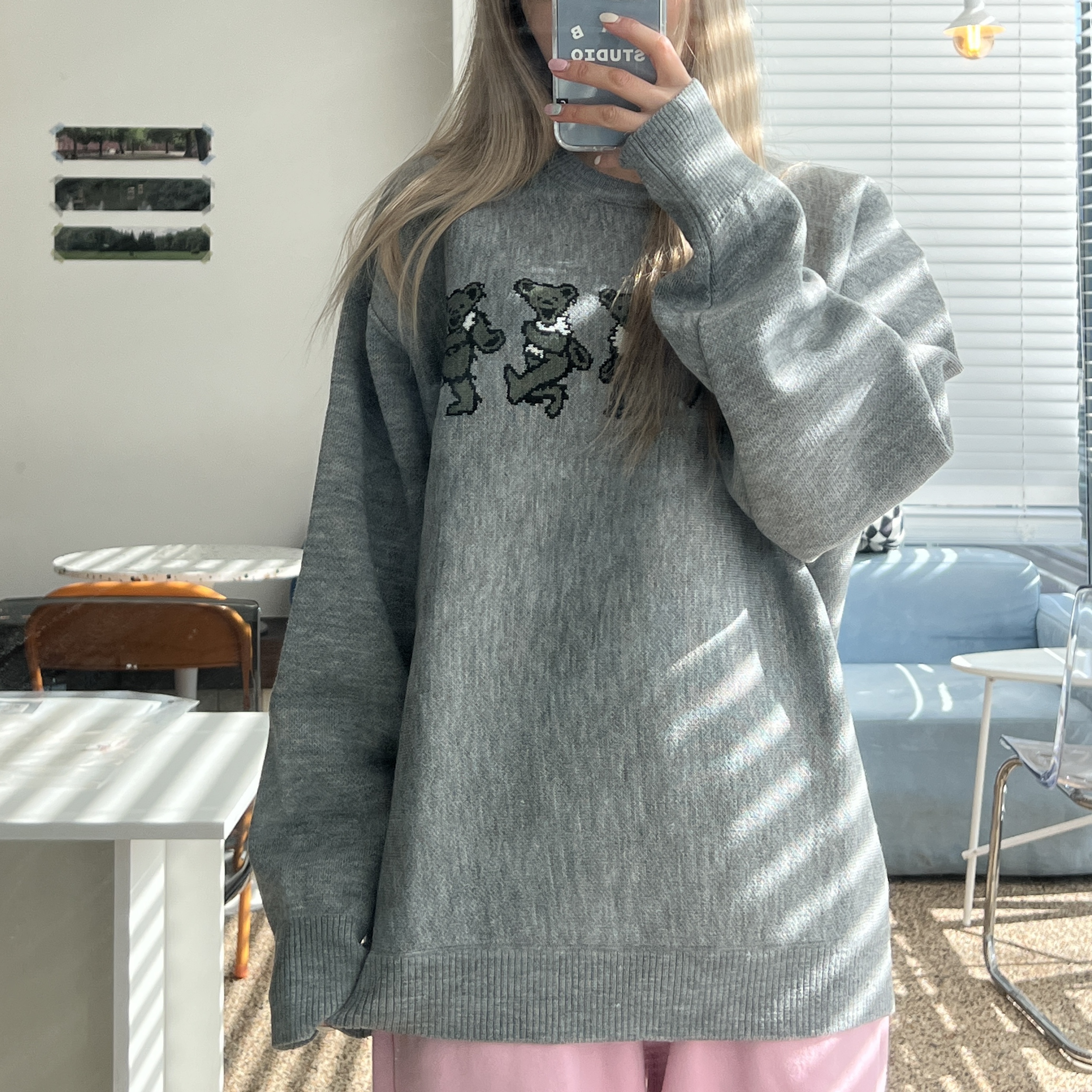 Thisisneverthat x Grateful Dead Dancing Bears Knit Sweater Heather Grey 착용 스타일 - 1