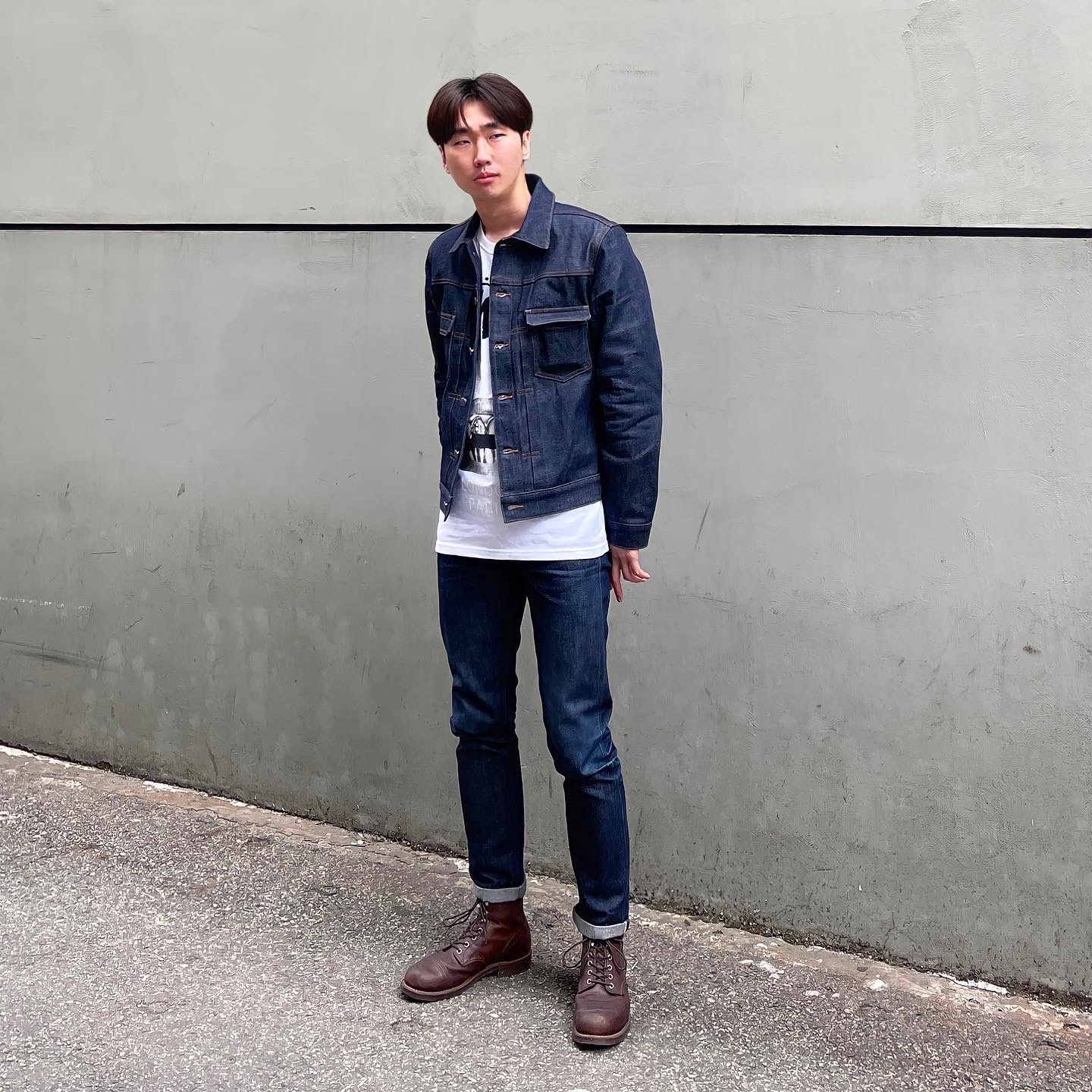 A.P.C. Petit New Standard Tight-Fit Jeans Indigo, A.P.C. Veste Jean Work Blue 착용 스타일