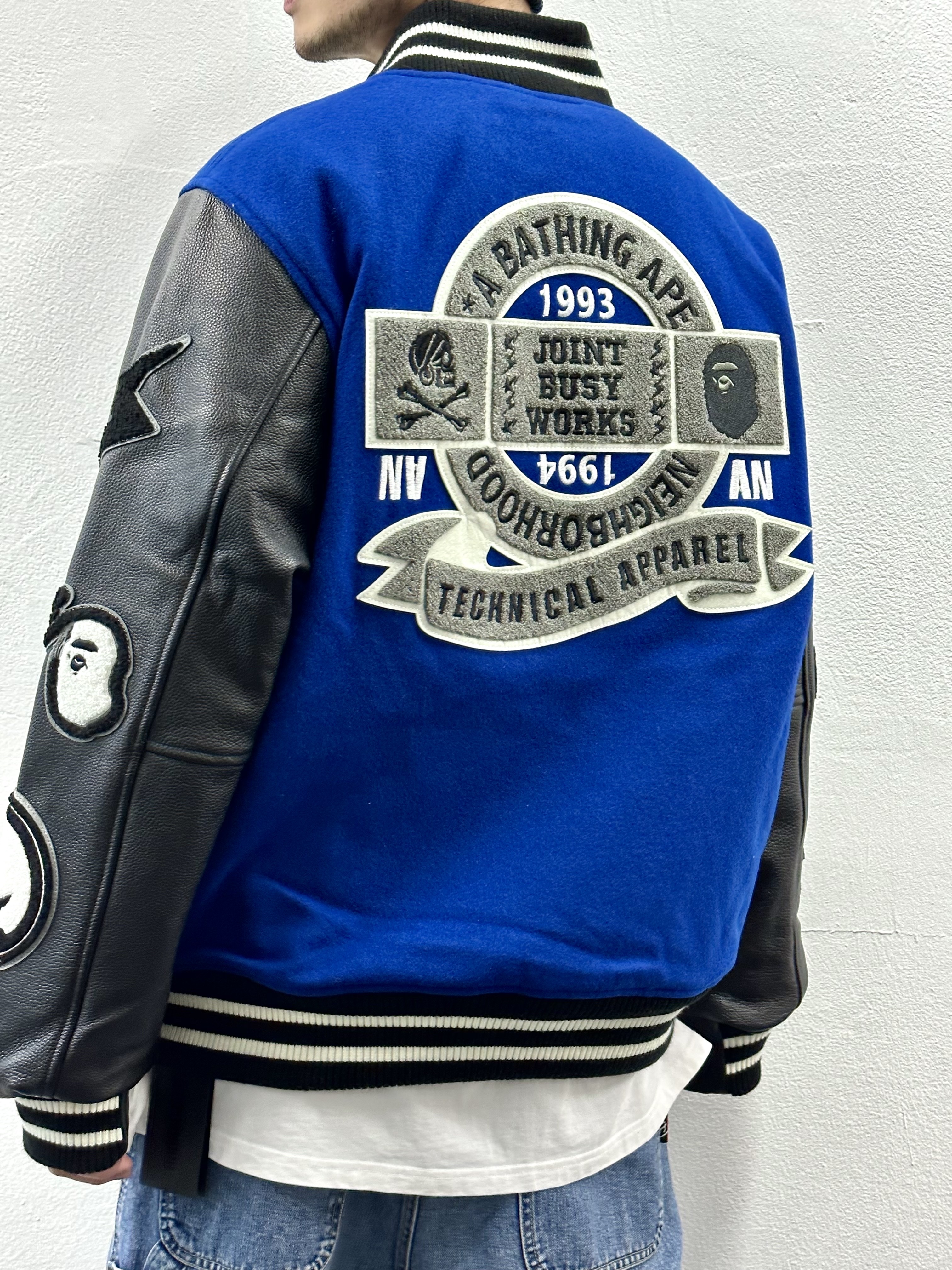 BAPE x Neighborhood Varsity Jacket Blue Black - Neighborhood Exclusive 착용 스타일
