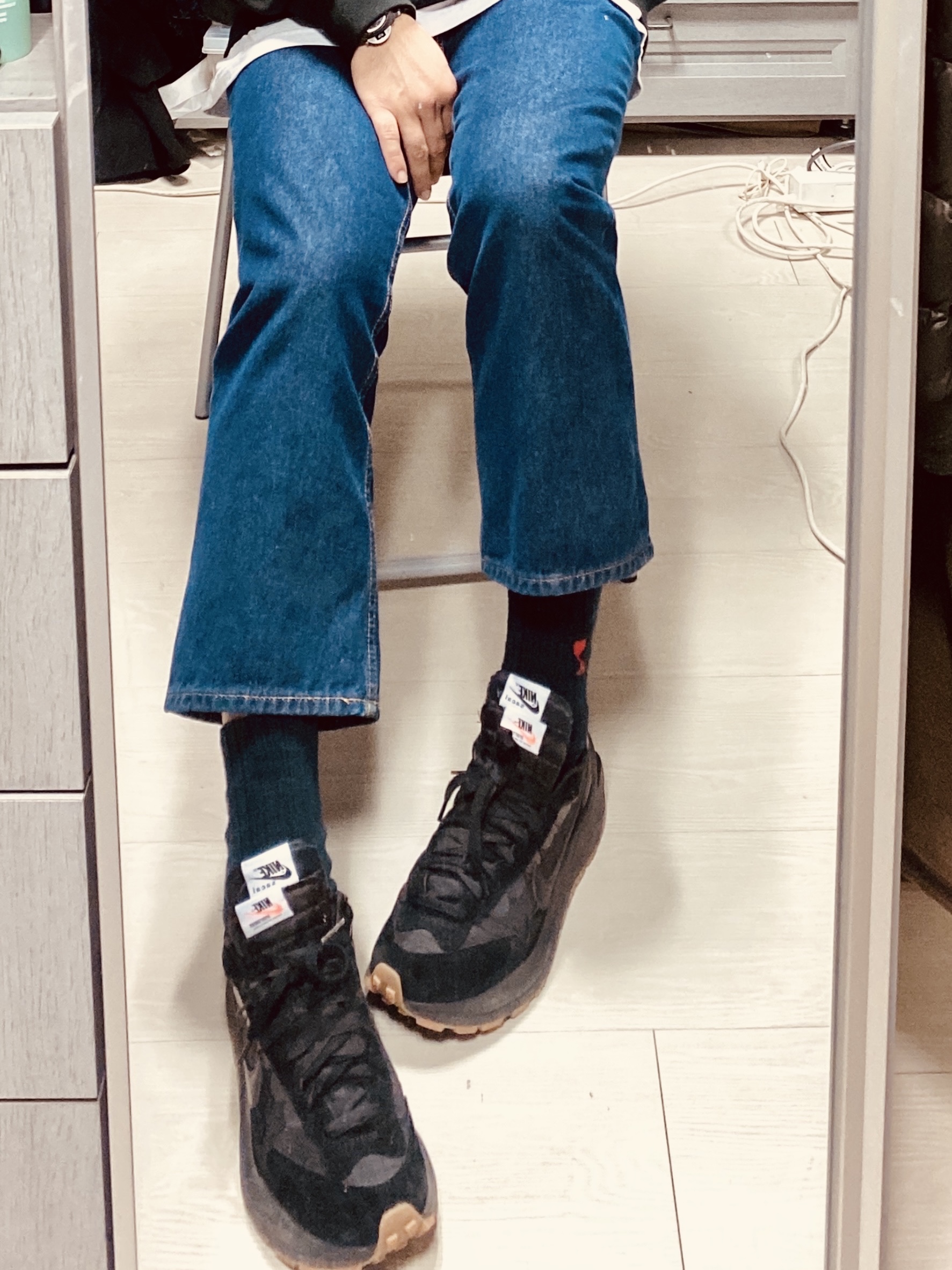 Nike x Sacai VaporWaffle Black and Gum 착용 스타일