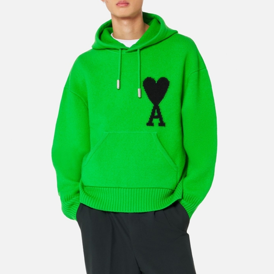 AMI de Coeur Oversize Intarsia Hoodie Green Black 착용 스타일 - 2