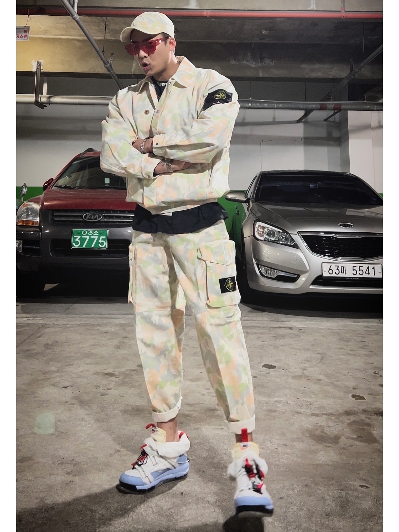 Supreme x Stone Island Reactive Ice Camo Ripstop Camp Cap Tan - 22SS, Supreme x Stone Island Reactive Ice Camo Ripstop Jacket Tan - 22SS 착용 스타일 - 1