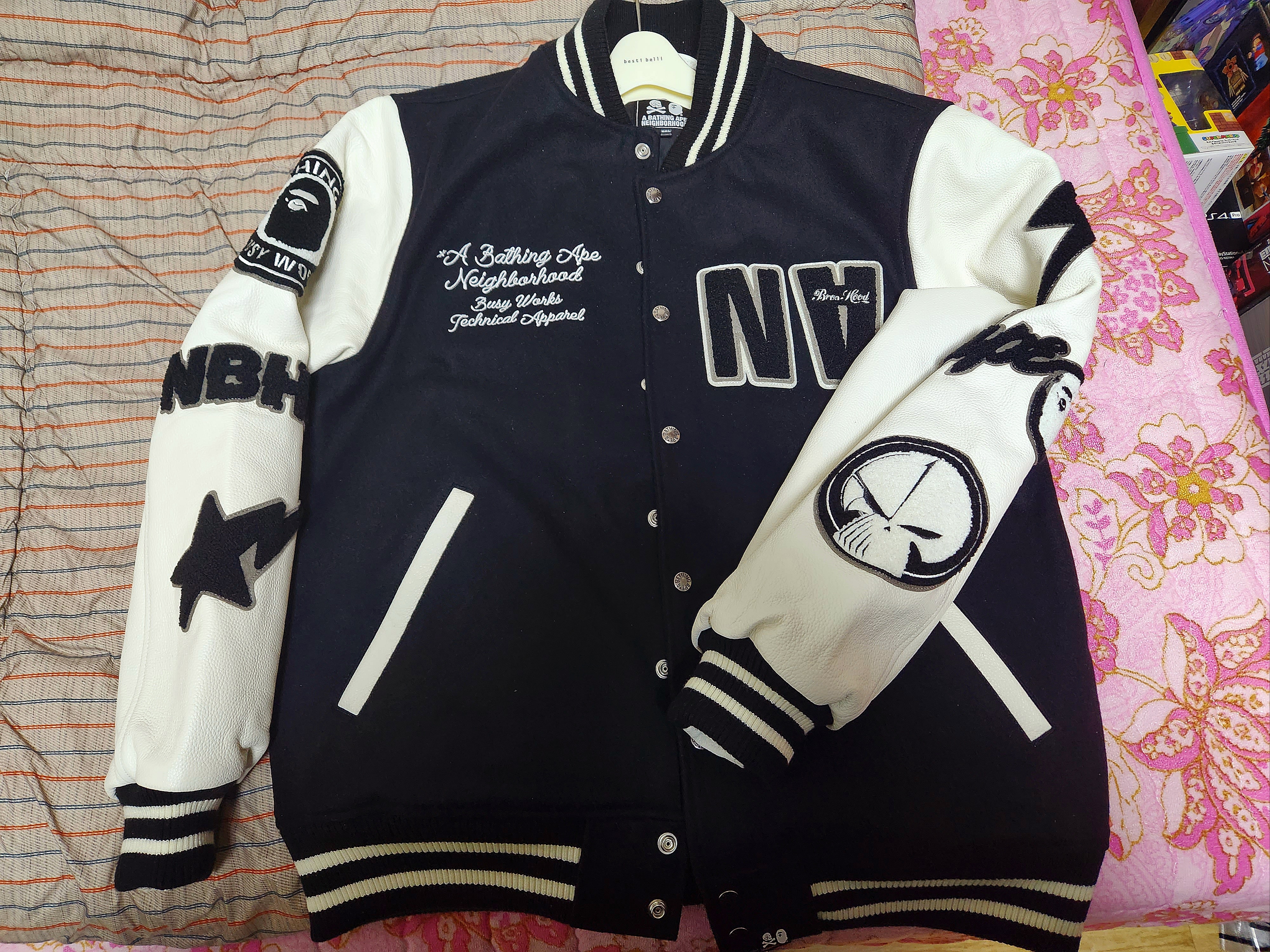 BAPE x Neighborhood Varsity Jacket Black - BAPE Exclusive 착용 스타일