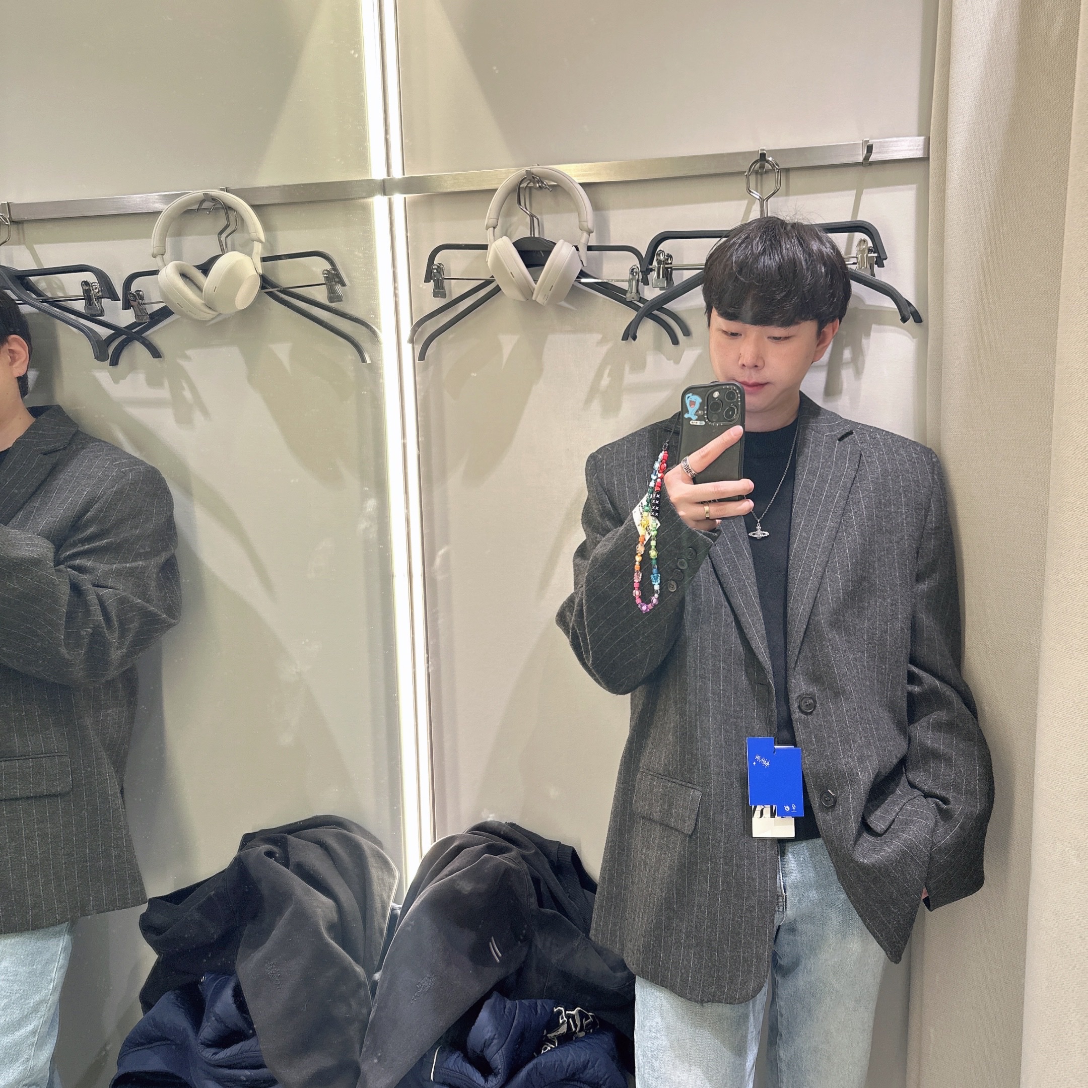 Zara x Ader Error Striped Oversize Blazer Grey, Nike x Cav Empt Vest Navy 착용 스타일 - 1