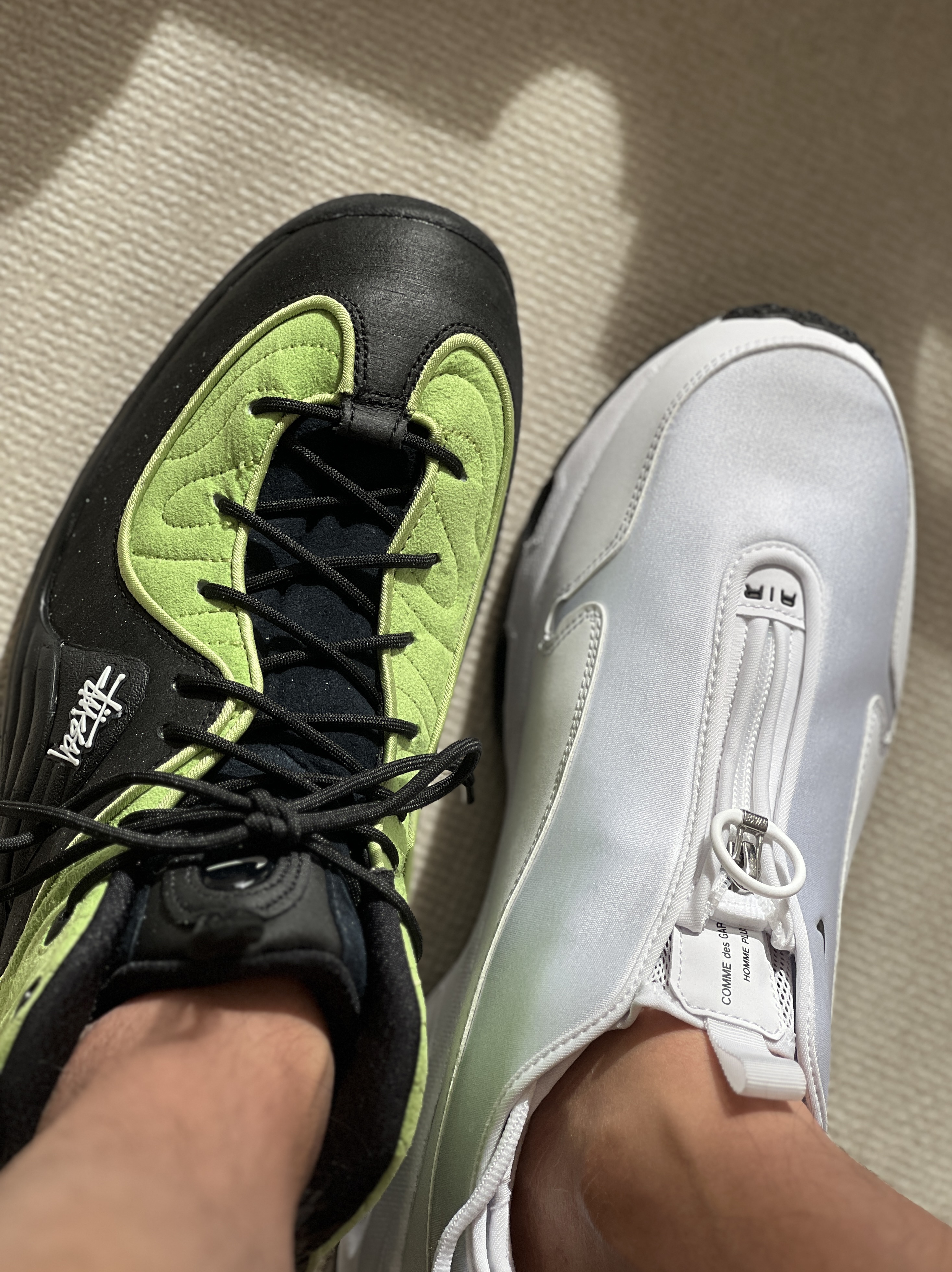 Nike x Stussy Air Penny II Vivid Green and Black, Nike x Comme des Garcons Homme Plus Air Max Sunder SP White 착용 스타일 - 2