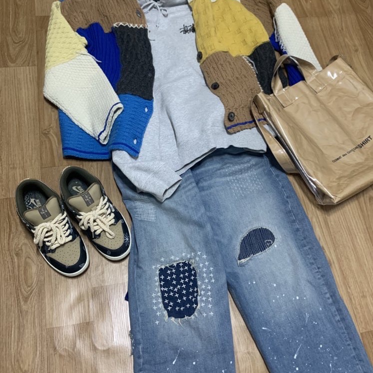 Zara x Ader Error Patchwork Oversize Knit Cardigan Multicolor 착용 스타일