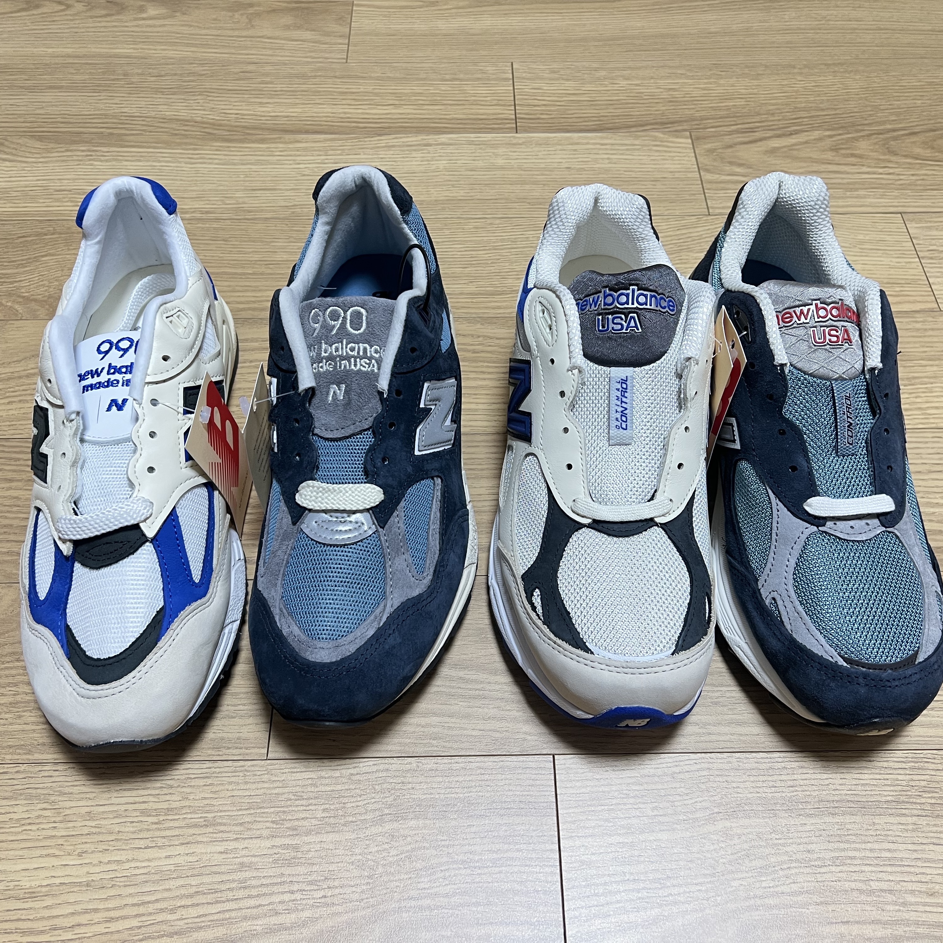 New Balance 990v2 Made in USA Navy Castlerock, New Balance 990v3 Made in USA Navy Spring Tide 착용 스타일 - 1