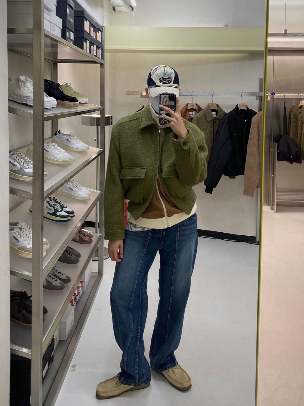 [KREAM 단독] STU Brushed Patch Pocket Alpaca Short Jacket Green 착용 스타일