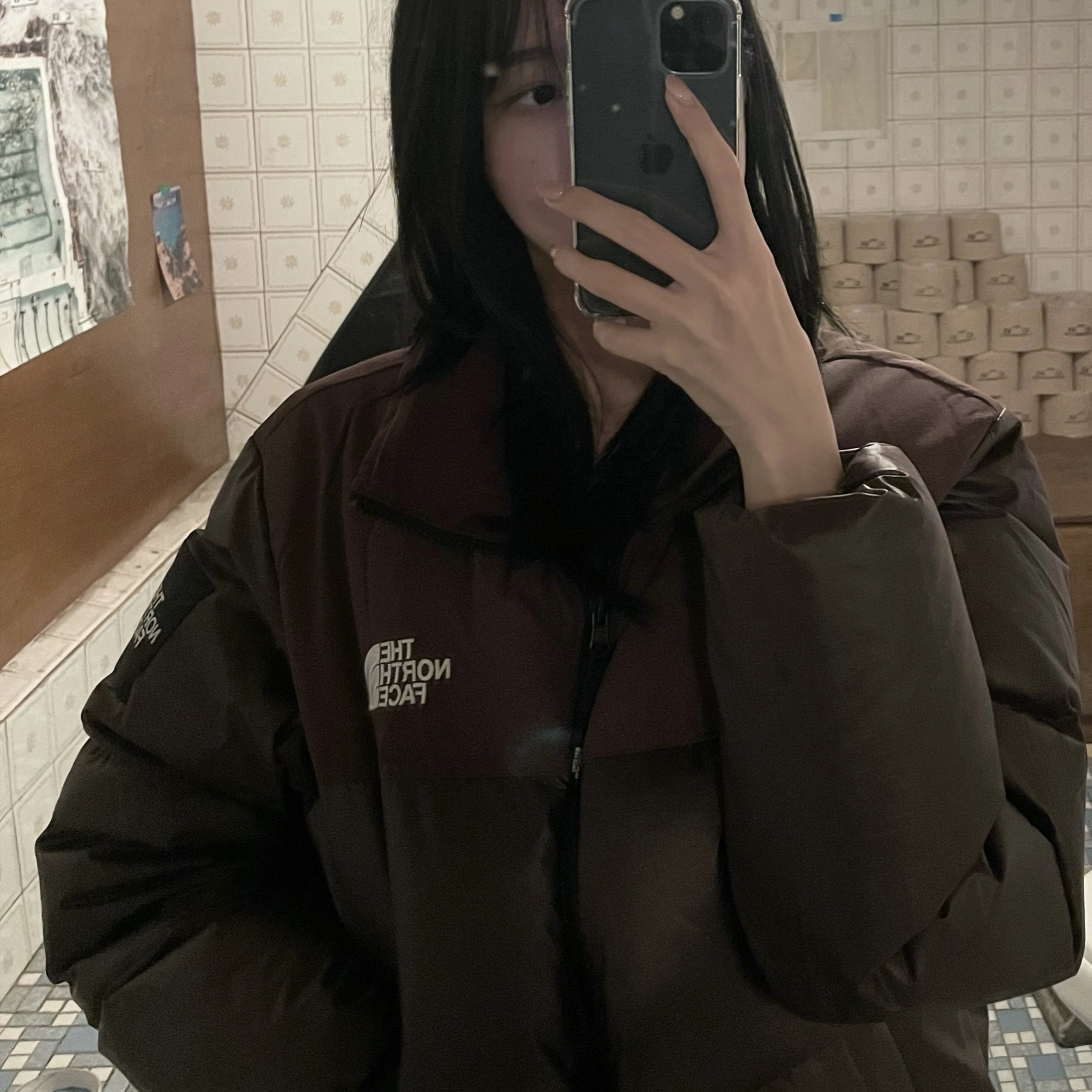 (W) The North Face White Label Novelty Nuptse Down Jacket Cocoa Brown 착용 스타일