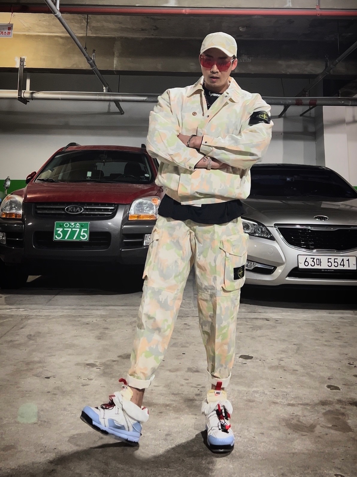 Supreme x Stone Island Reactive Ice Camo Ripstop Camp Cap Tan - 22SS, Supreme x Stone Island Reactive Ice Camo Ripstop Jacket Tan - 22SS 착용 스타일 - 2