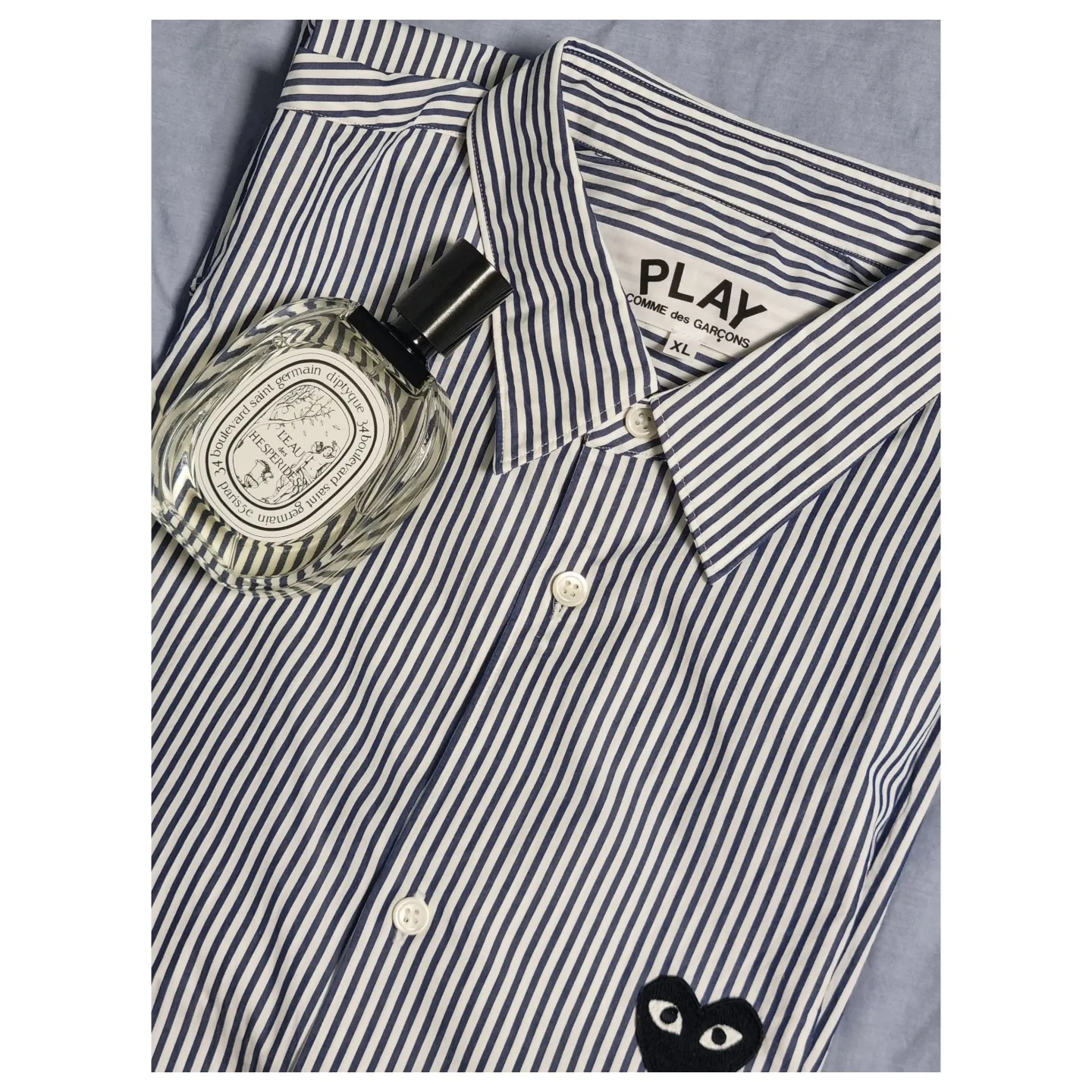 Play Comme des Garcons Striped Black Heart Shirt Blue 착용 스타일 - 4