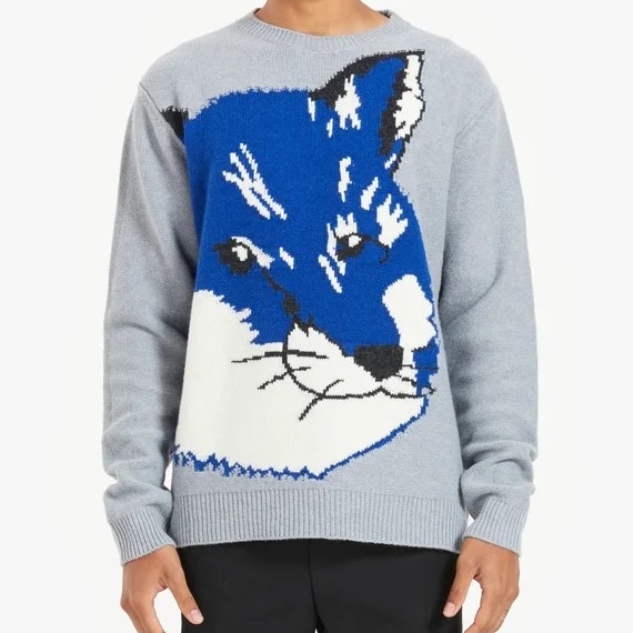 Maison Kitsune Big Fox Head Jacquard Pullover Knit Grey 착용 스타일 - 1