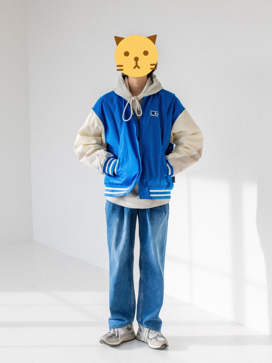 Converse x Ader Error Shapes Varsity Jacket Cobalt, Ader Error Pollon Jeans Blue 착용 스타일 - 1