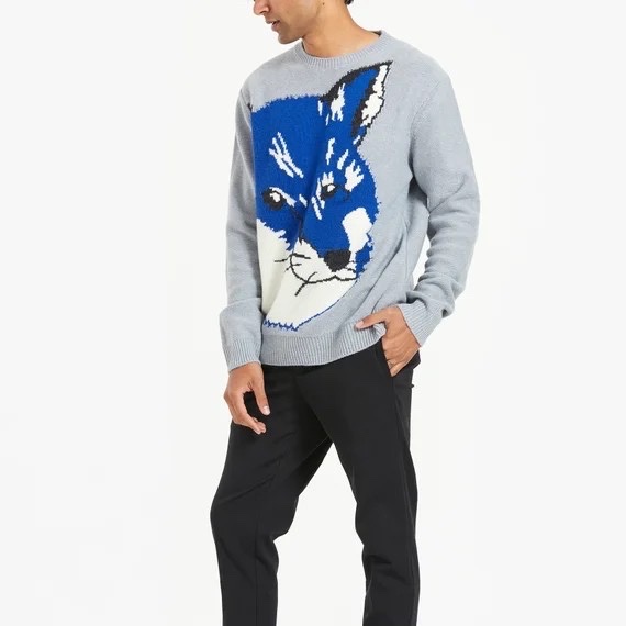 Maison Kitsune Big Fox Head Jacquard Pullover Knit Grey 착용 스타일 - 2