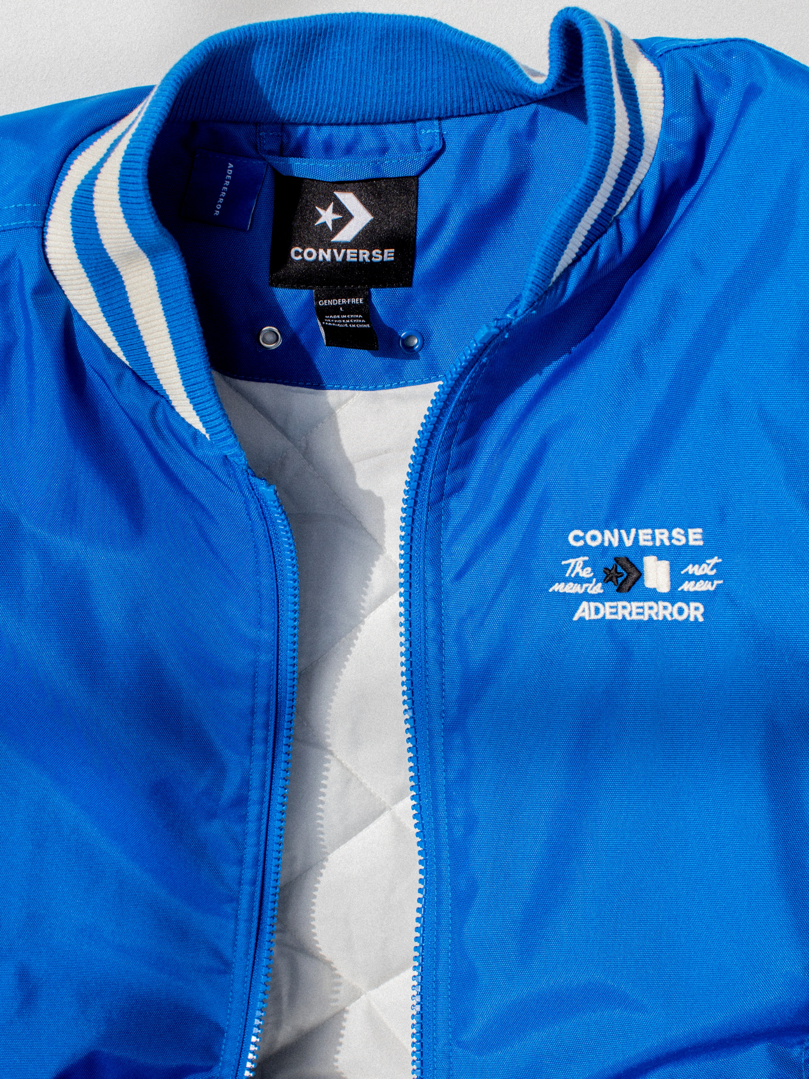Converse x Ader Error Shapes Varsity Jacket Cobalt, Ader Error Pollon Jeans Blue 착용 스타일 - 5