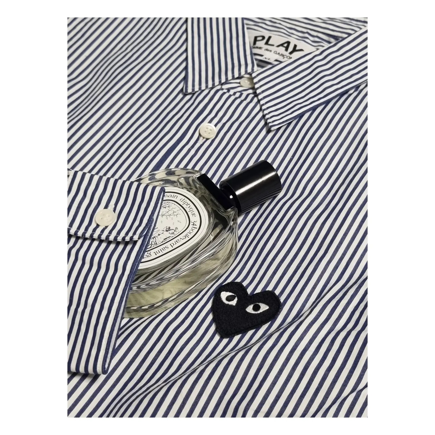 Play Comme des Garcons Striped Black Heart Shirt Blue 착용 스타일 - 1