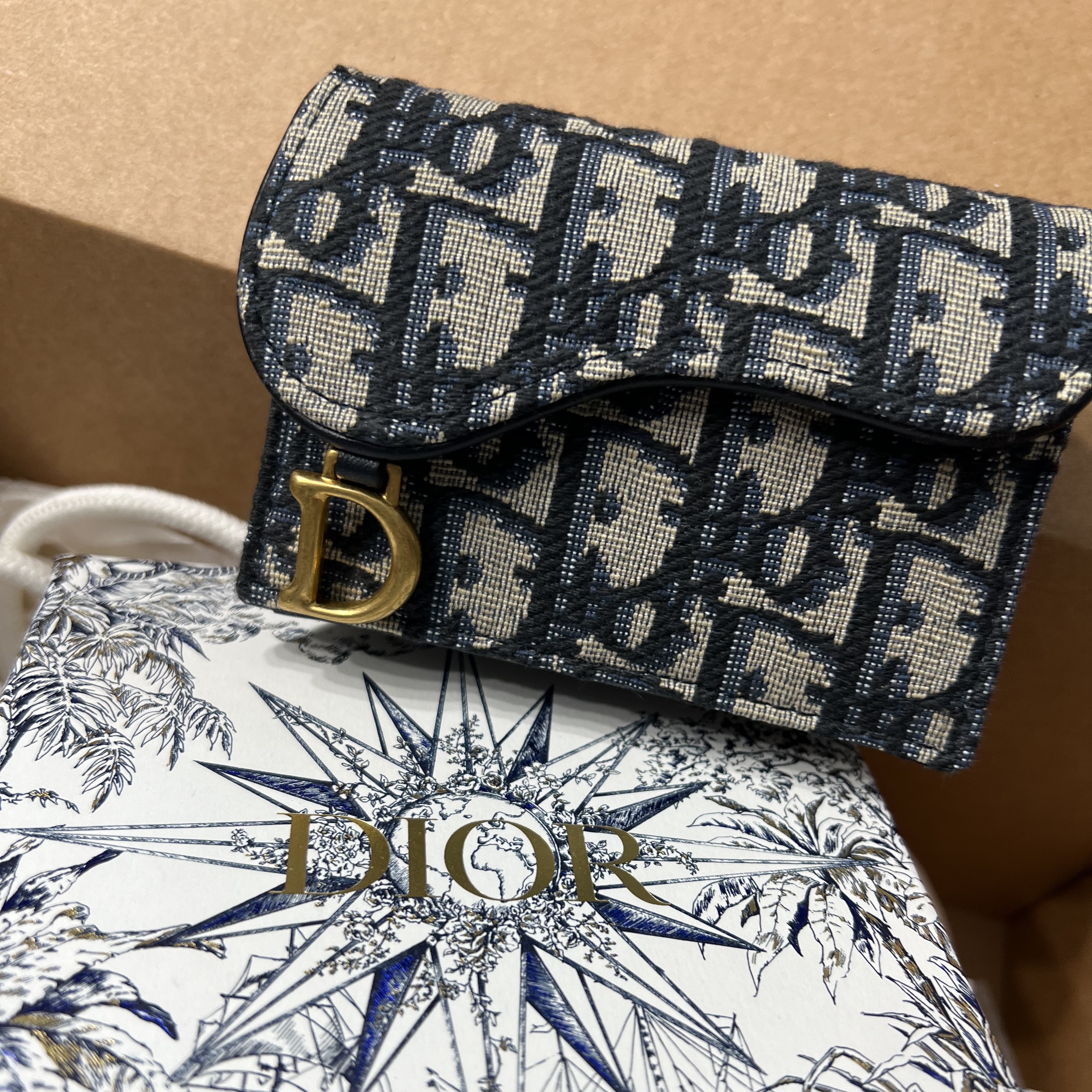 Dior Saddle Flap Card Holder Blue Dior Oblique Jacquard 착용 스타일 - 2