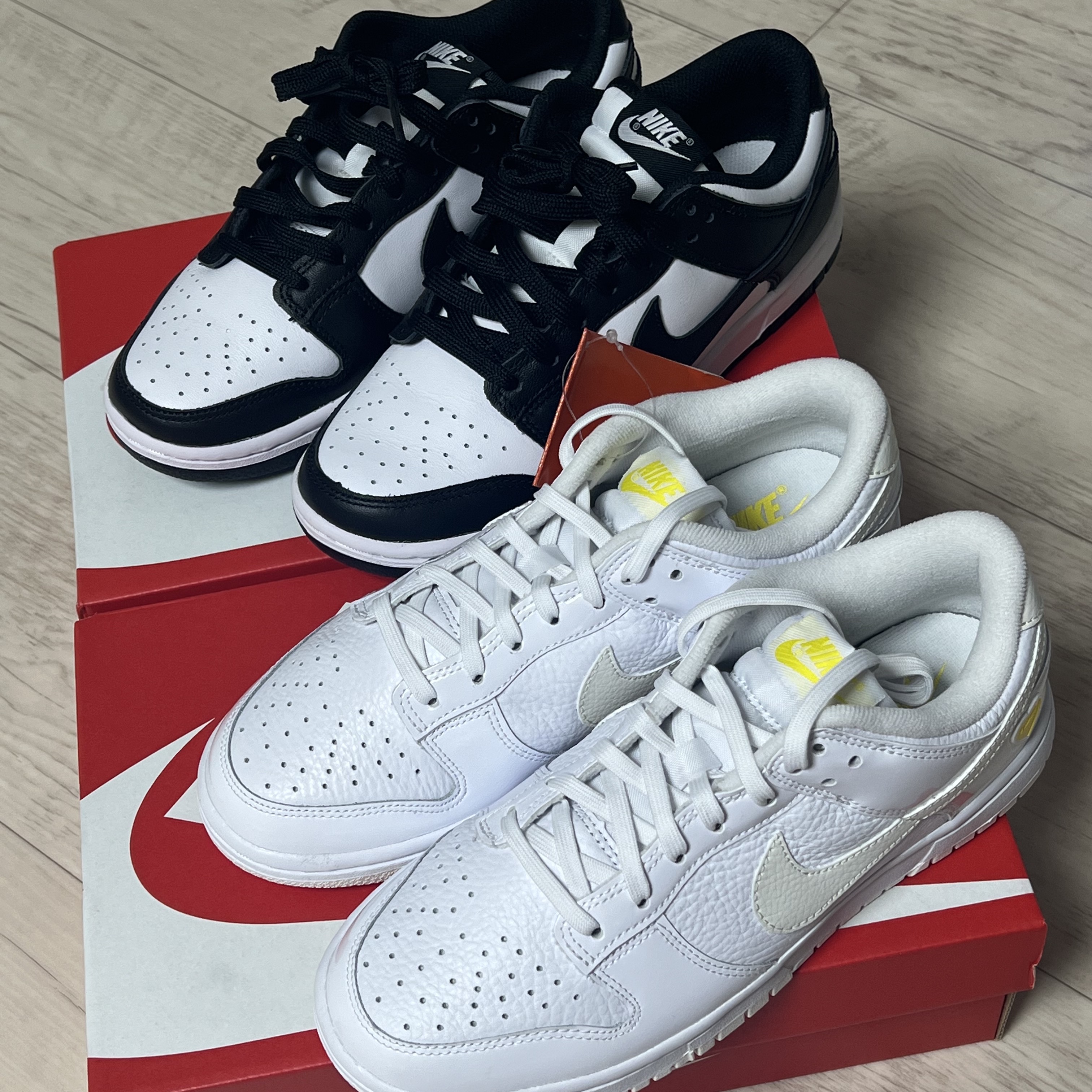 (W) Nike Dunk Low Valentine's Day White Optic Yellow, (W) Nike Dunk Low Black 착용 스타일 - 2