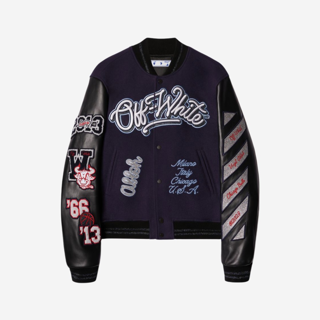 Off-White C/O Chicago Bulls Varsity Jacket Navy Blue Grey 상세 이미지 1