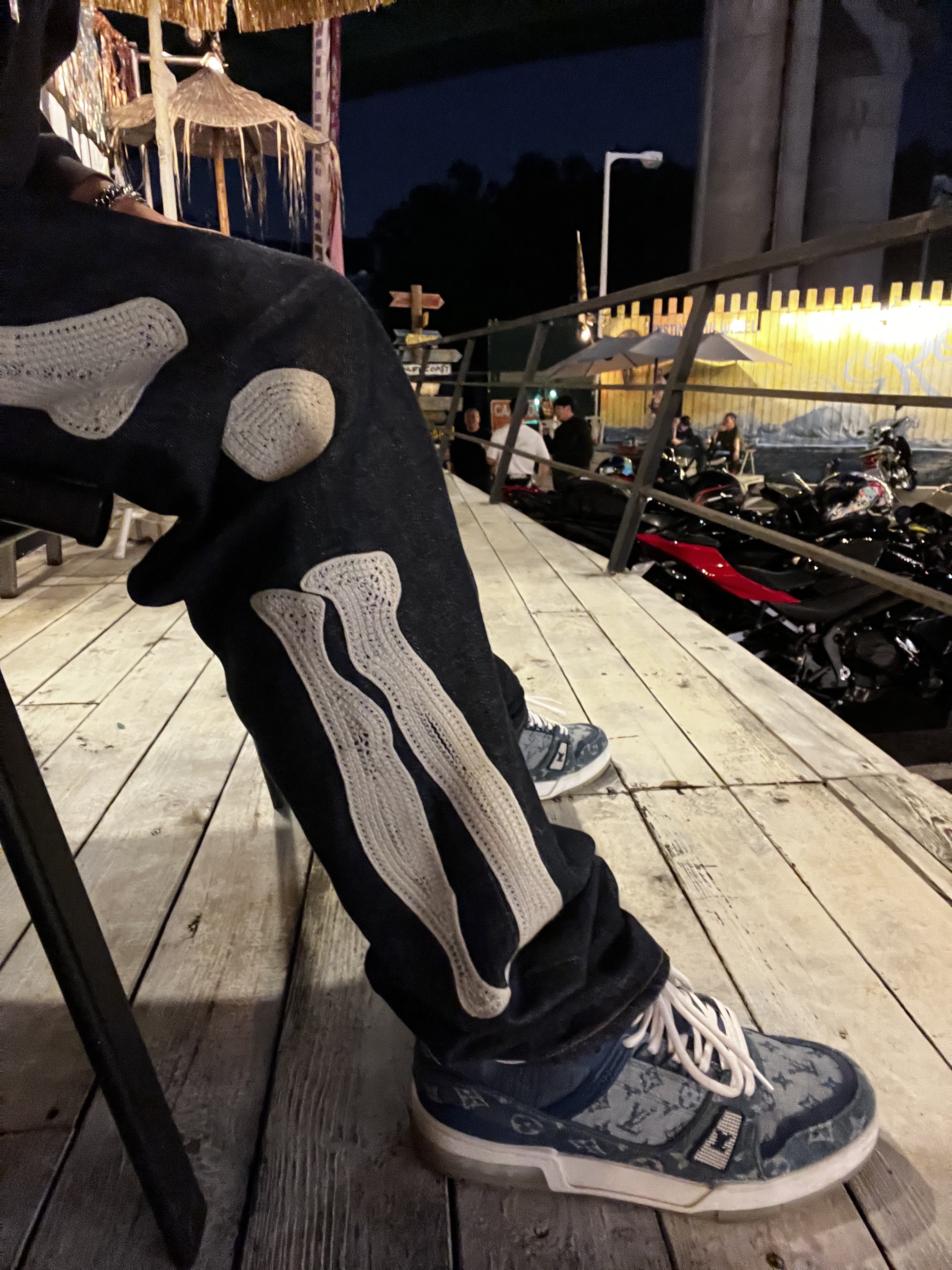 Kapital 12.5 oz. Denim Mexican Tuxedo 5P Okagilly Pants Indigo, Louis Vuitton LV Trainer Sneakers Monogram Denim Blue 착용 스타일