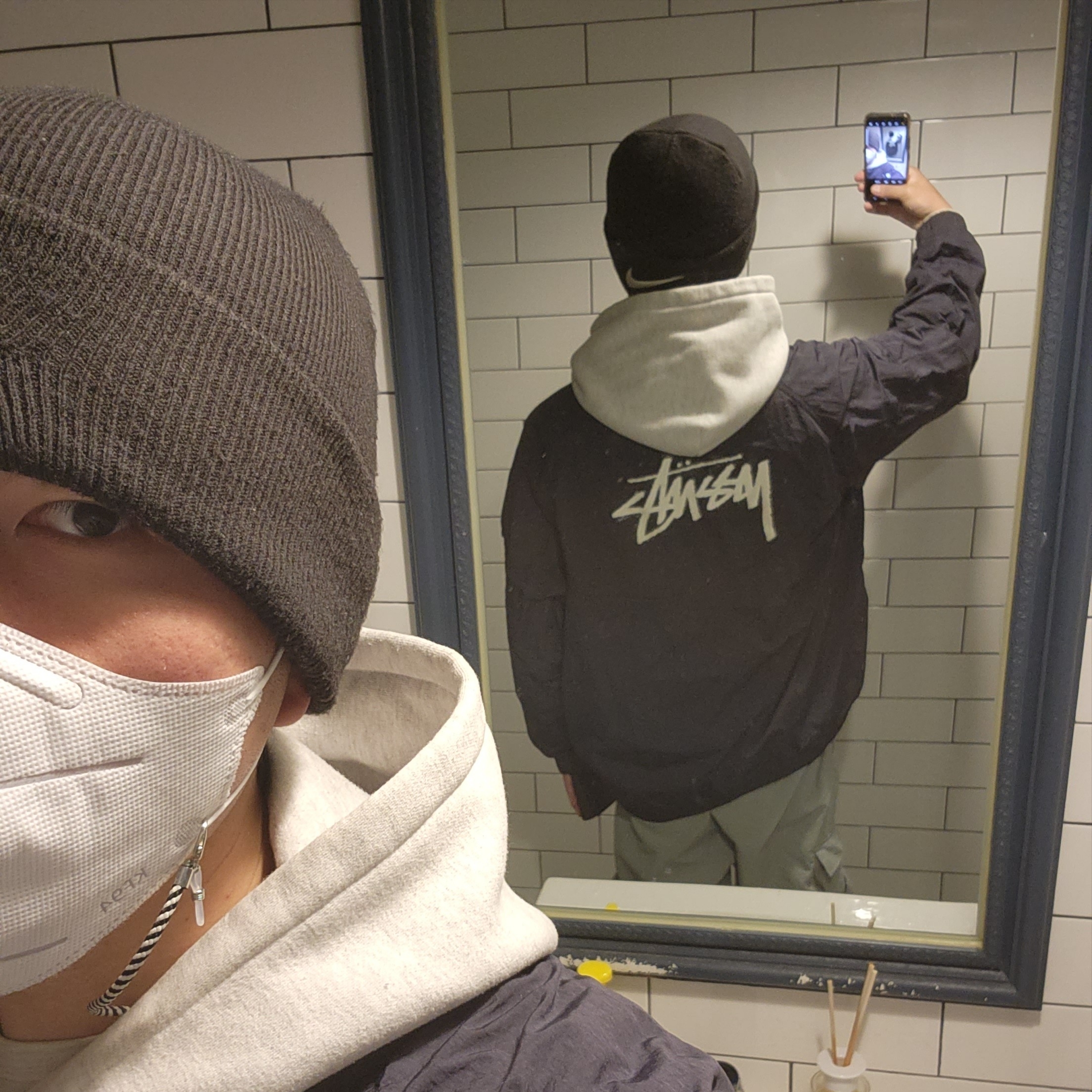 Nike x Stussy Cuff Beanie Black, Nike x Stussy Windrunner Jacket Off Noir 착용 스타일