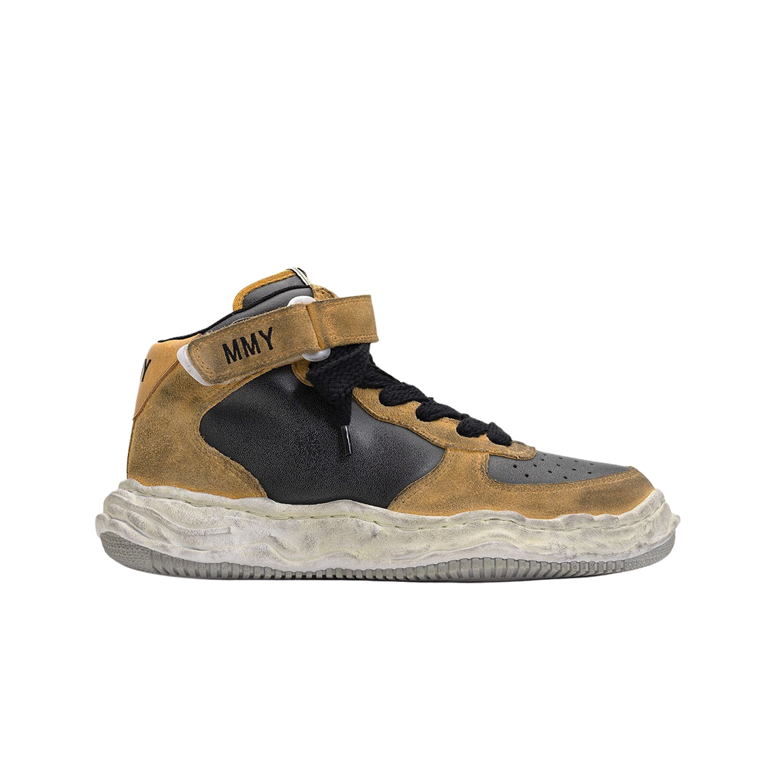 메종 미하라 야스히로 웨인 OG 솔 디스트레스 레더 하이탑 스니커즈 옐로우 블랙(Maison Mihara Yasuhiro Wayne OG Sole Distressed Leather High-top Sneaker Yellow Black) - 1