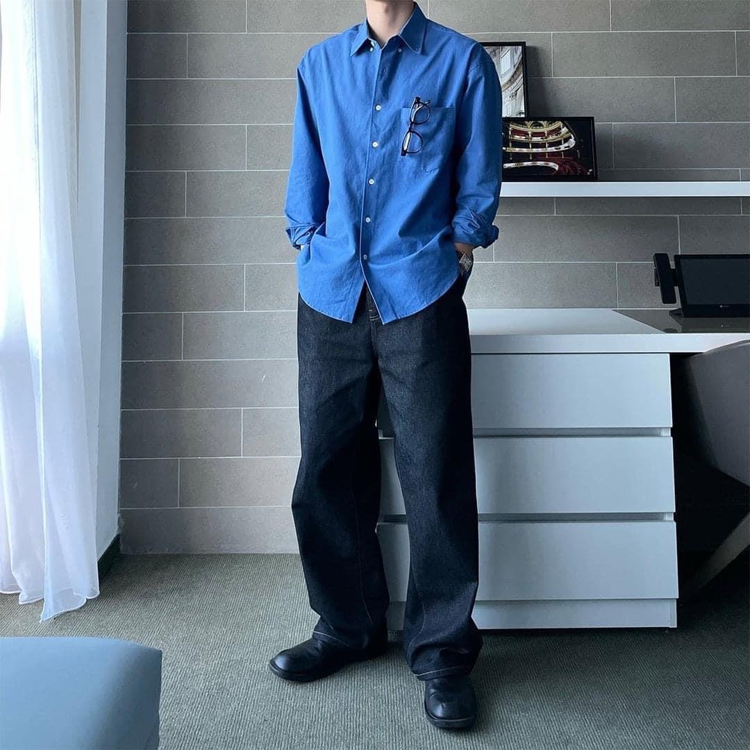 Zara x Ader Error Oversized Shirt Sky Blue 착용 스타일 - 1