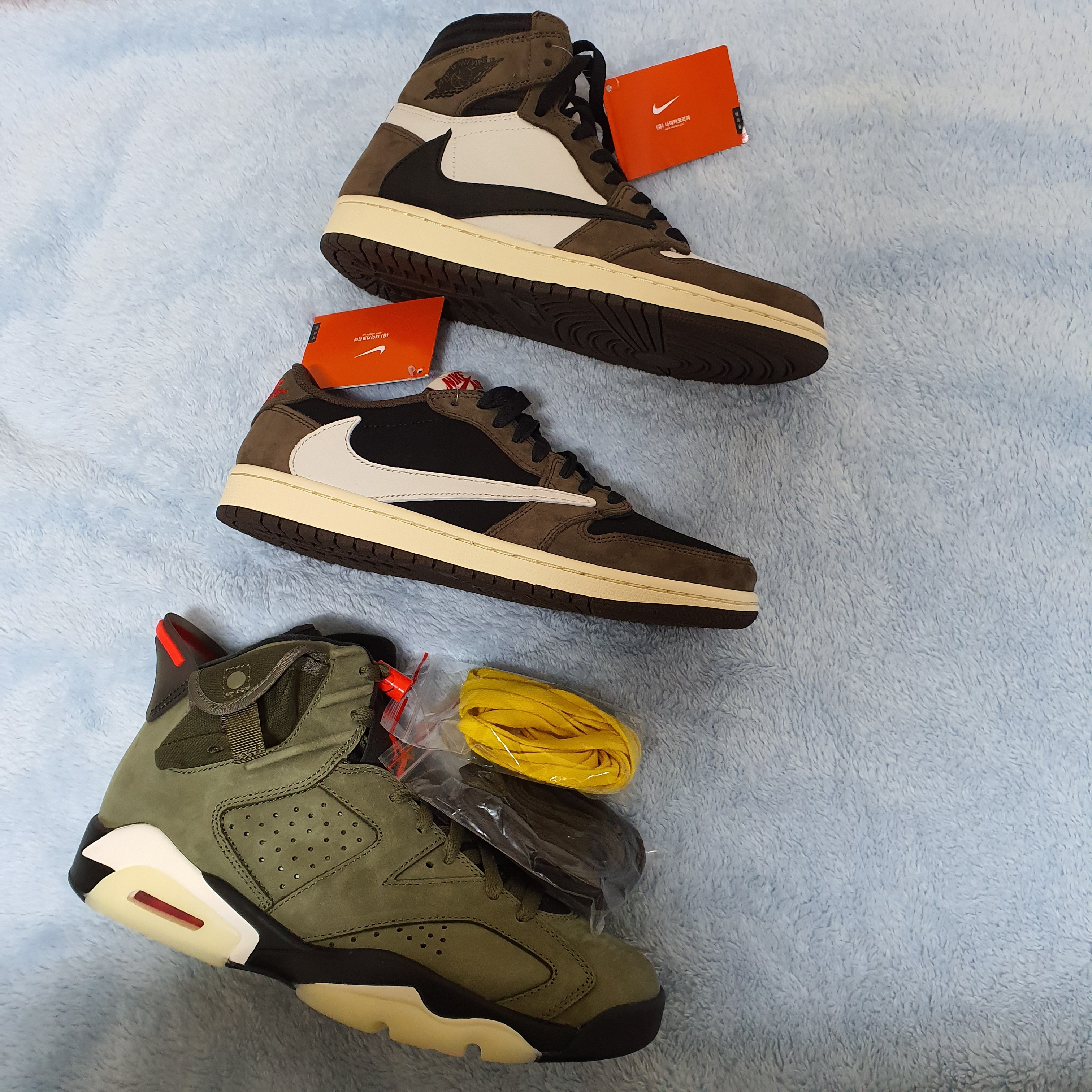 Jordan 1 x Travis Scott Retro Low OG SP Mocha, Jordan 6 x Travis Scott Retro Olive 착용 스타일