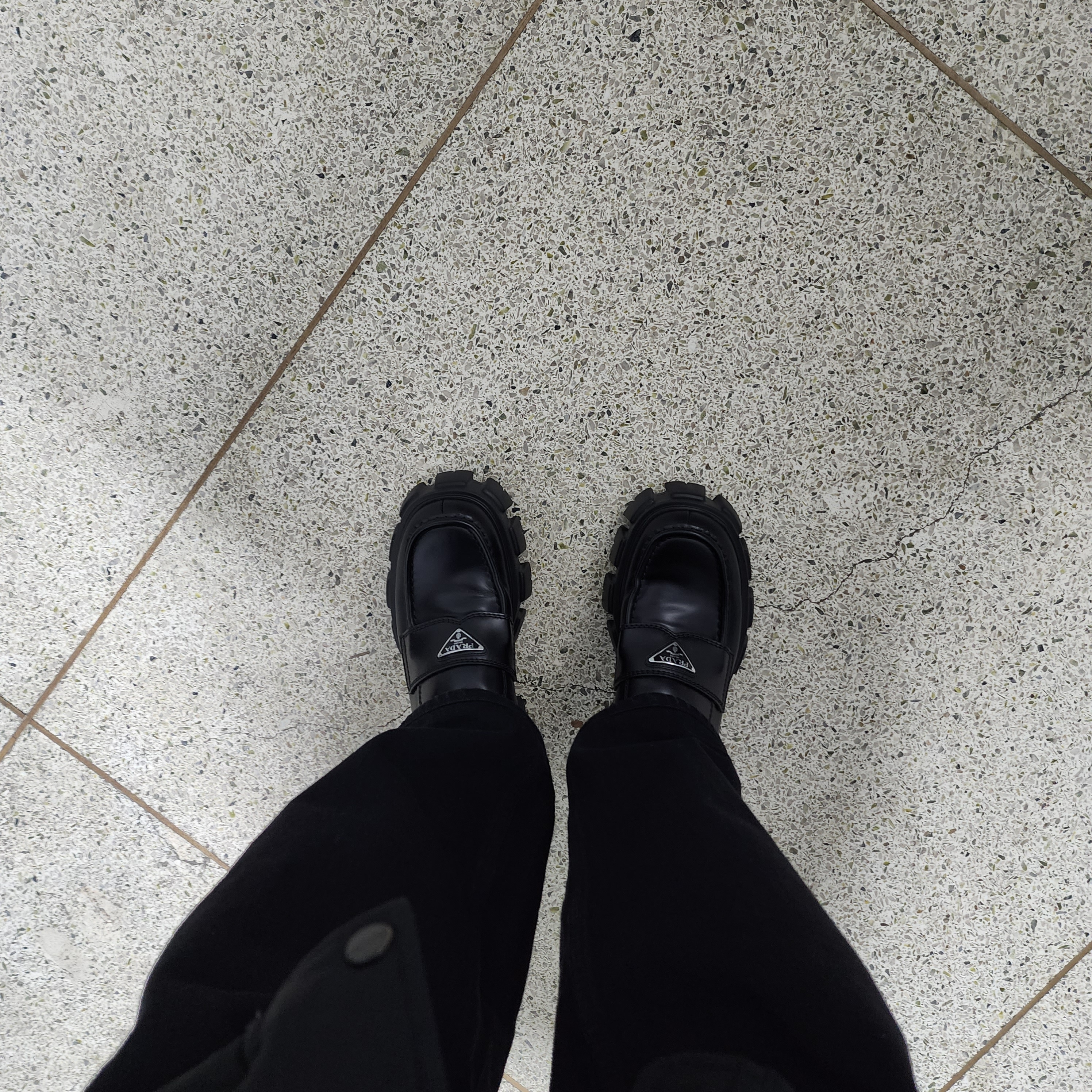 Prada Monolith Brushed Leather Loafers Black 착용 스타일