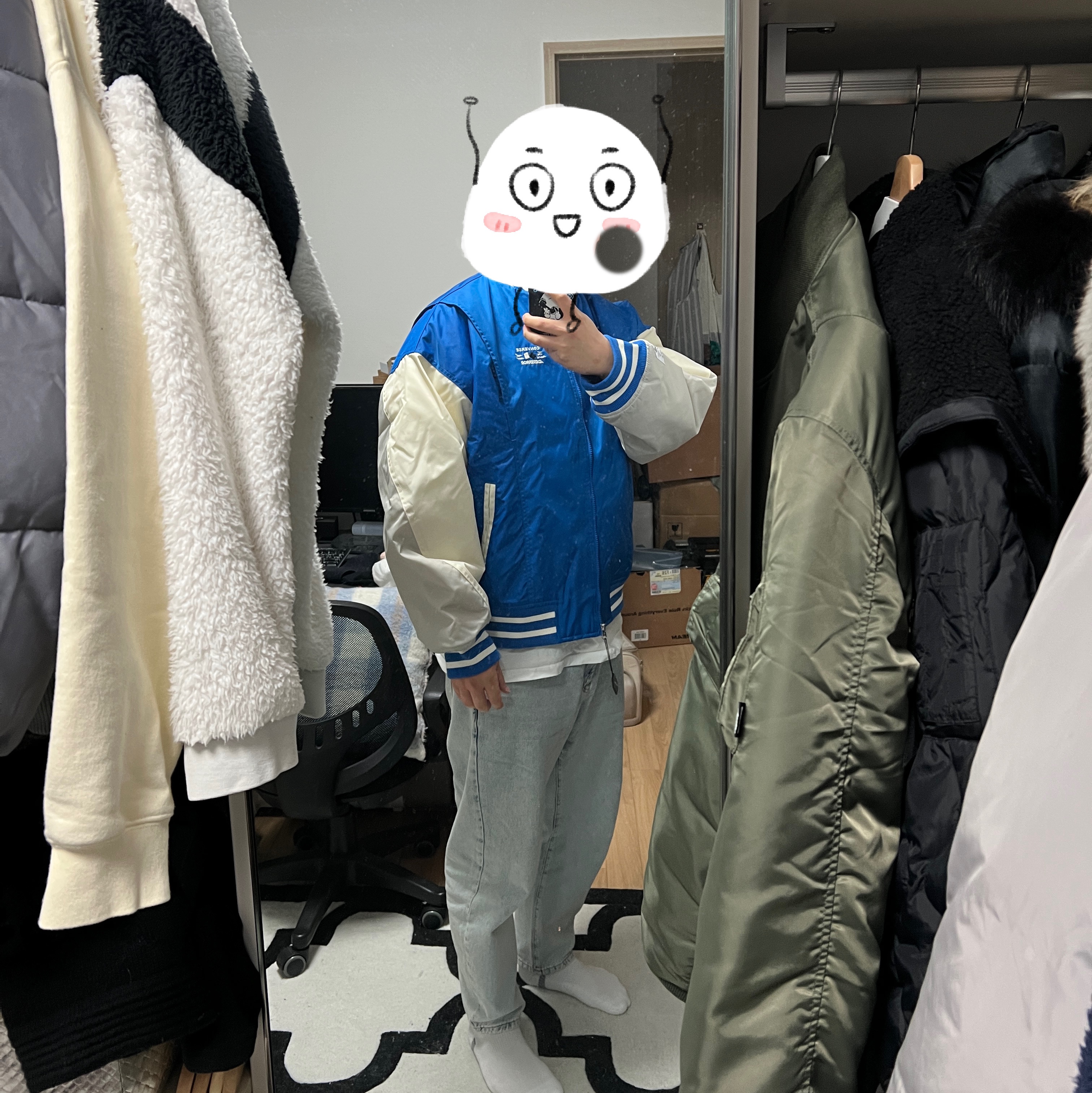Converse x Ader Error Shapes Varsity Jacket Cobalt 착용 스타일 - 2