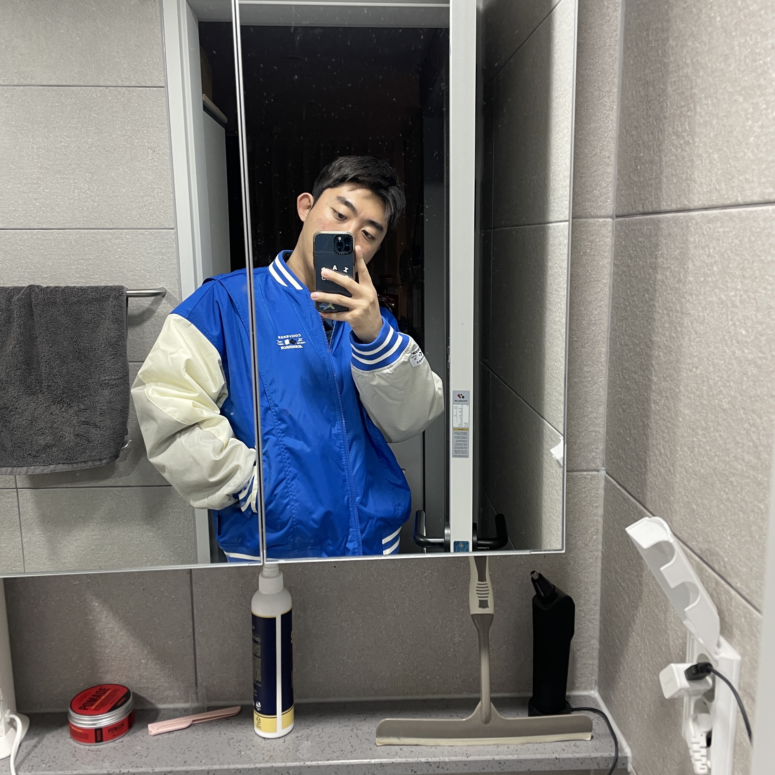 Converse x Ader Error Shapes Varsity Jacket Cobalt 착용 스타일