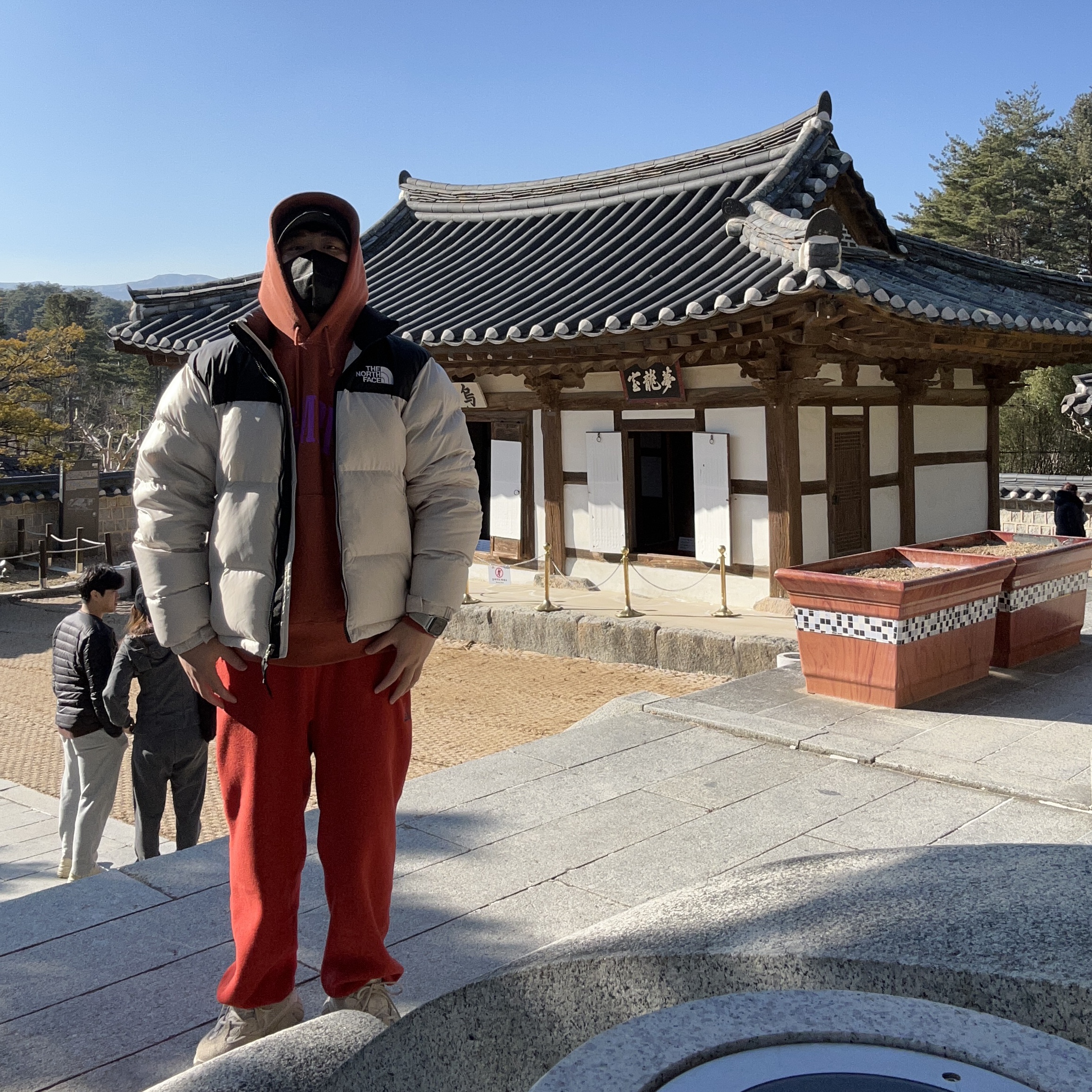 The North Face Nuptse Hybrid Down Ball White Sand, Nike ACG Polartec Wolf Tree Pants Cinnabar - Asia 착용 스타일
